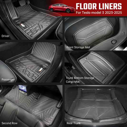 Odorless TPE Floor Mat for Tesla Model 3 2023-2025 6 PCS Waterproof Duty-Proof Fully Surrounded Floor Liner Protection Foot Pad