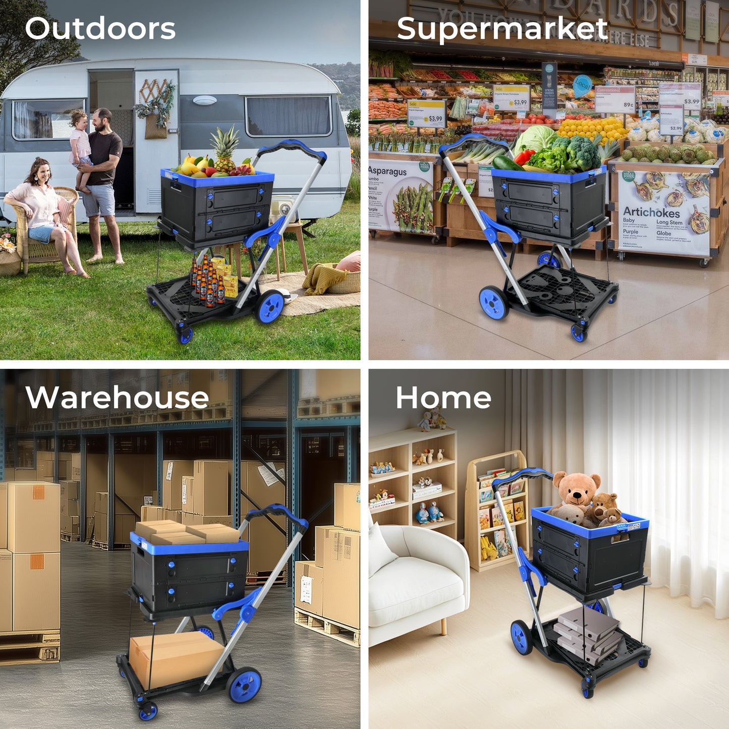 2-Tier Folding Cart Multi Use Functional Collapsible carts Shopping Trolley with Wheels Shopping Cart with Storage Crate Utility Cart for Groceries Warehouse Supermarket