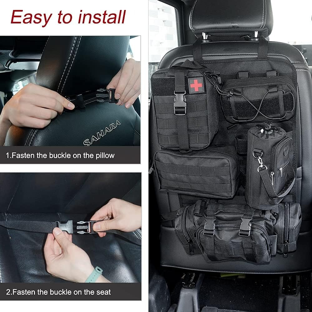 LED Auto Seat Back Organizer Bag,Car Back Seat Organizer Kick Mat with 5 Storage Packets-3 Toolkits &1 Medical Kit&1 Water Cup Bag Compatible with All Vehicel