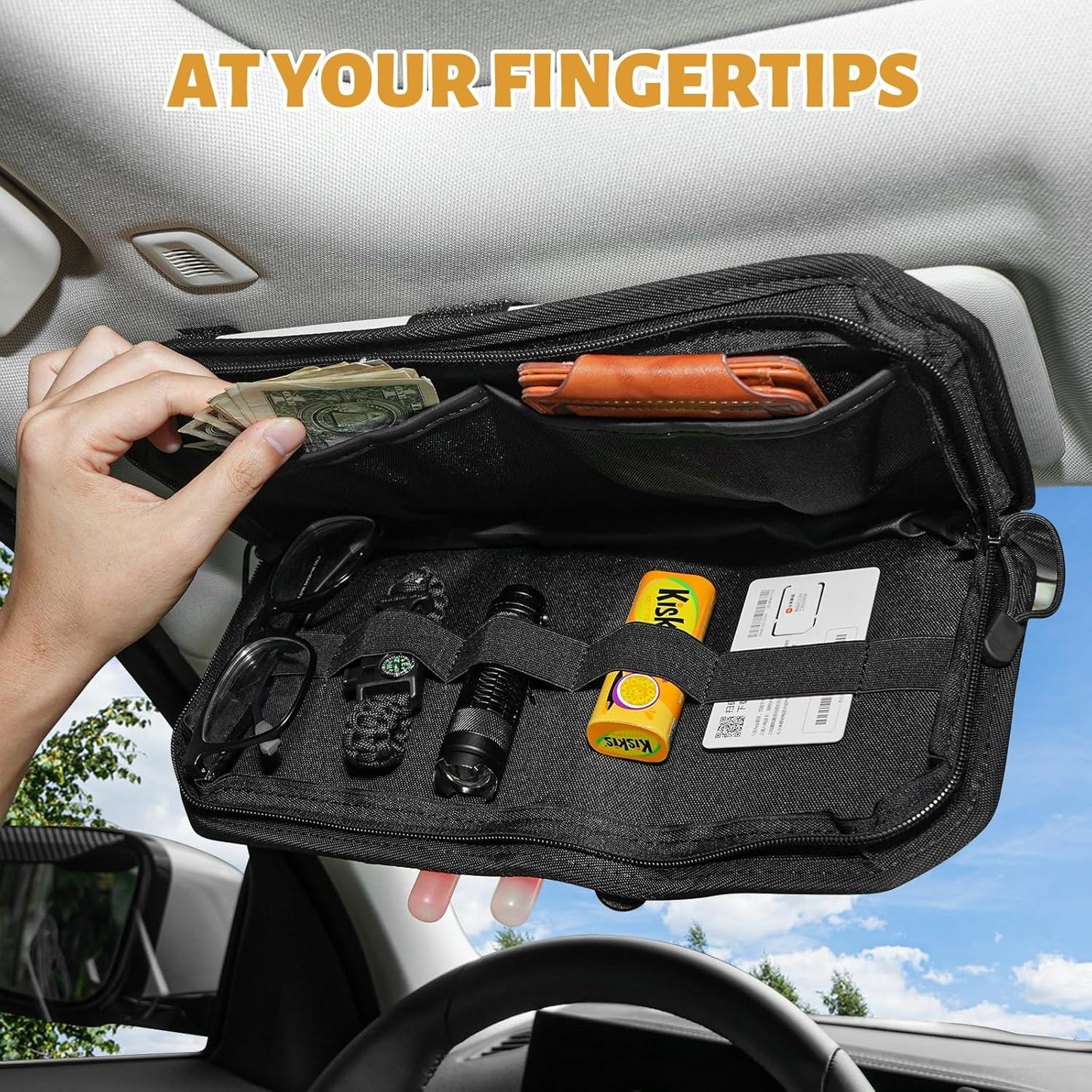 2 Packs Car Sun Visor Organizer, Car Organizer with Zipper Visor Organizer Storage Pouch, Glasses Clip, Card Holder, Molle Panel for Tactical Gears, for Most Vehicles, SUVs & Trucks
