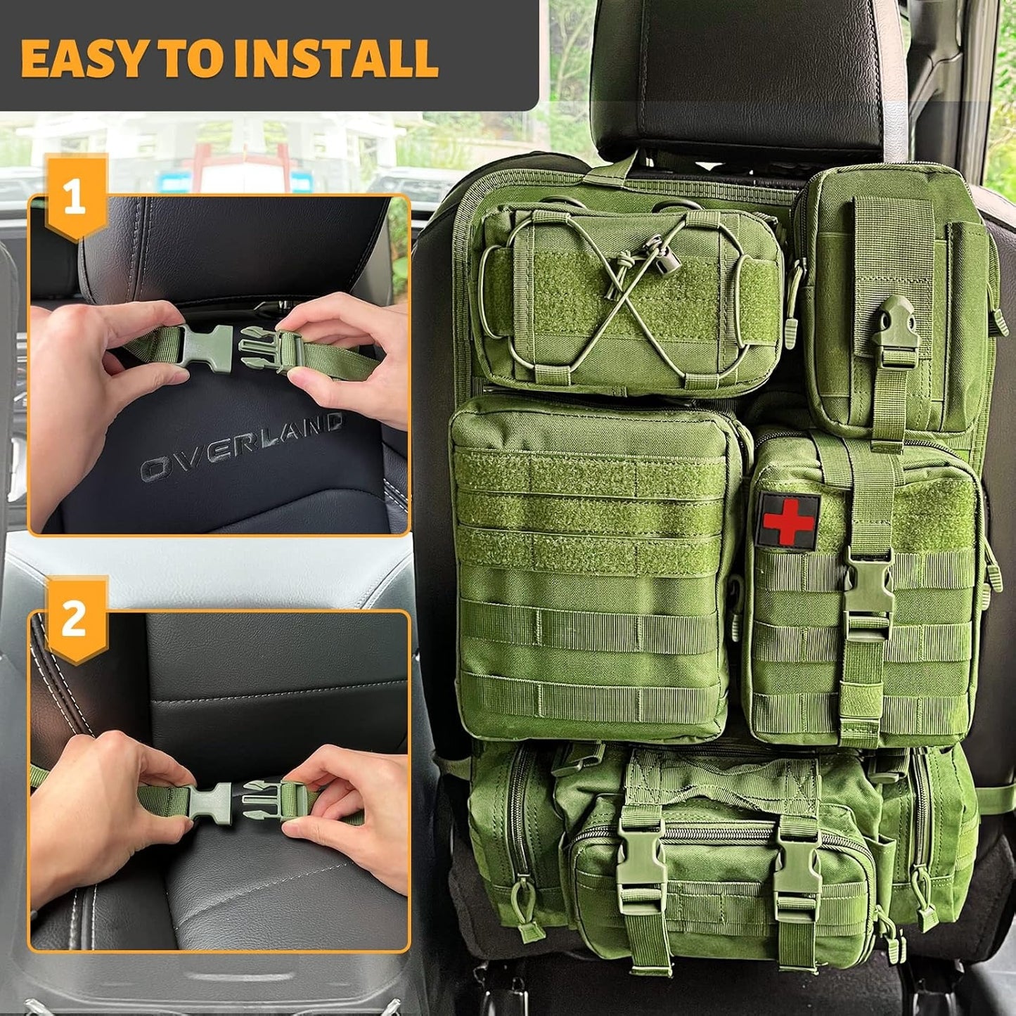 MAIKER Tactical Car Seat Back Organizer, Upgrade Tactical Vehicle Panel Organizer with 5 Detachable Molle Pouch, Universal fits for Most of Vehicle(Army green)