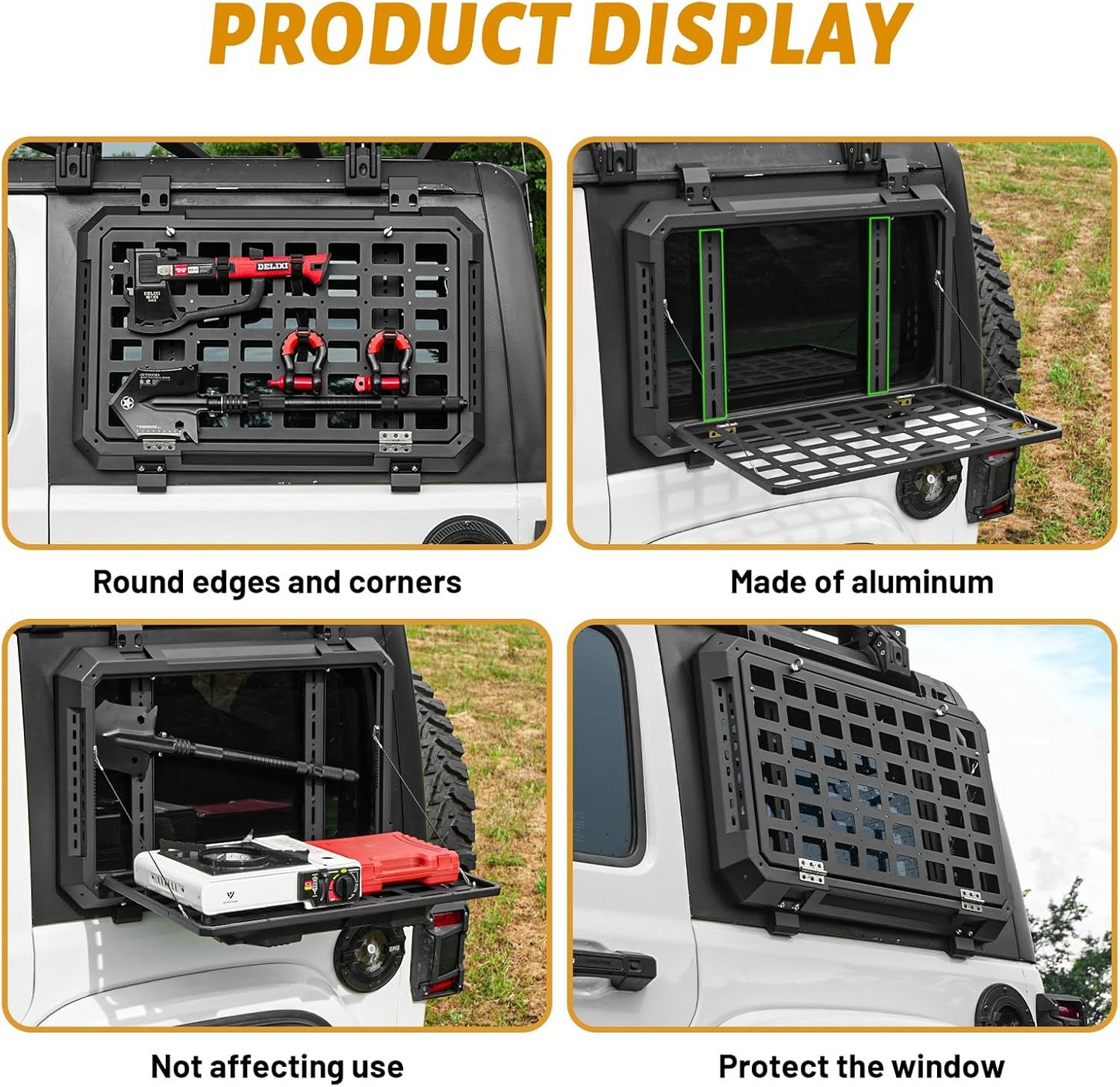 Multifunctional Rear Window Storage Table Molle Panel Kit for 2018-2024 Jeep Wrangler JL & JLU 4 doors Openable Design Tactical Molle Platform for Tools (2025 latest upgraded model）