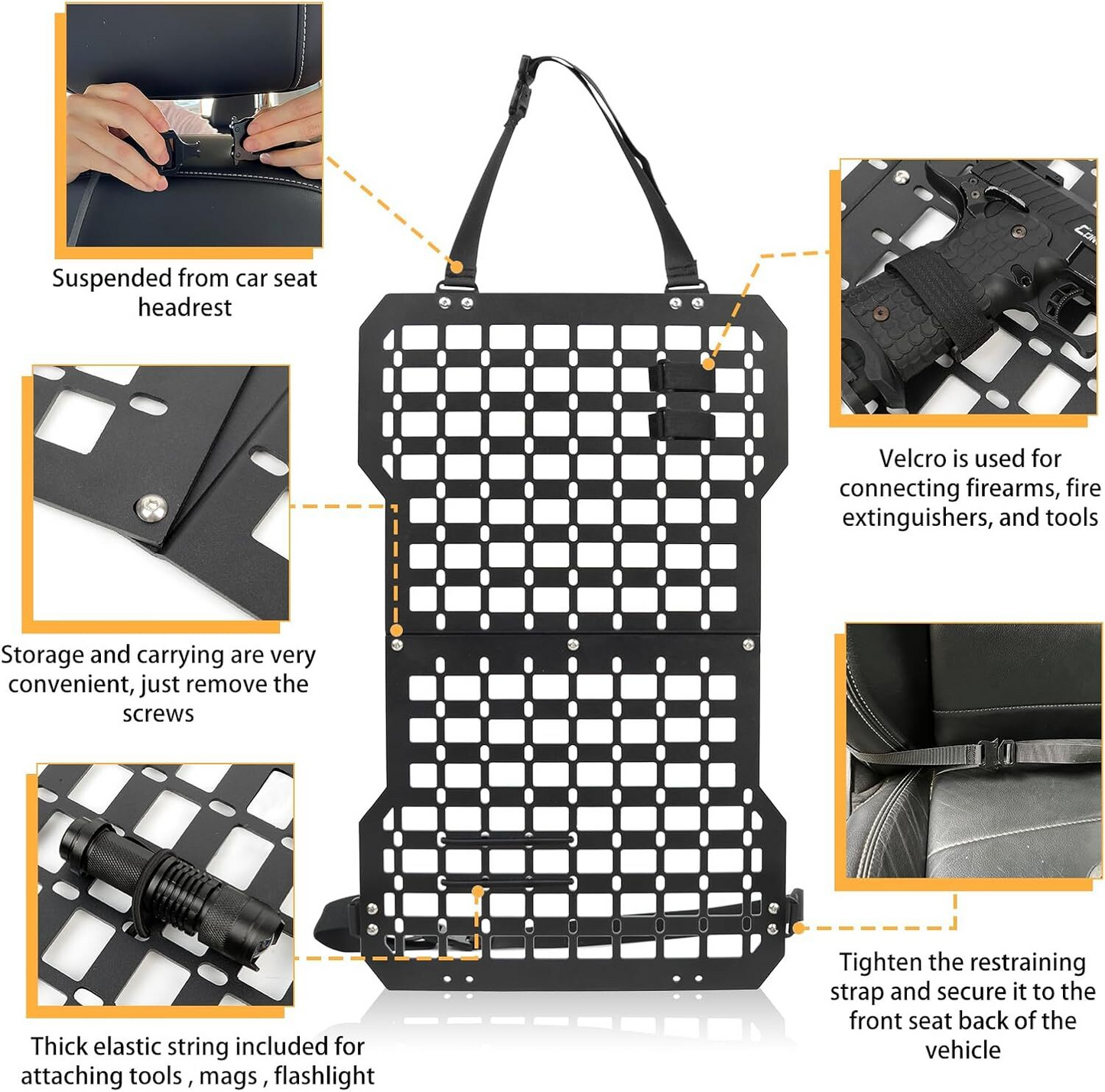 Rigid Molle Panels For Vehicles Truck Mount Rack Panel with Fire Extinguisher Mout & Hook and Loop Fasteners & Elastic Rope Tactical Seat Back Organizer Adjustable Versatile Panel