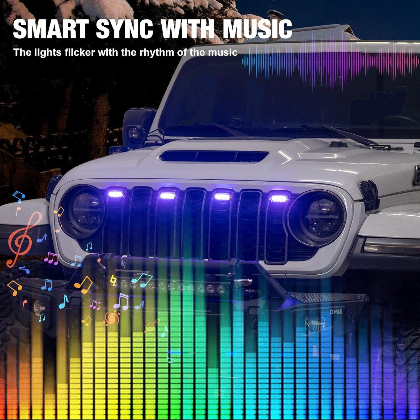 MAIKER RGB LED Grille Lights Compatible with 2024-2025 Jeep Wrangler JL JLU JT Original Factory Grille, 4PCS RGB Adjustable Atmosphere Exterior Grill Lights Remote APP Control