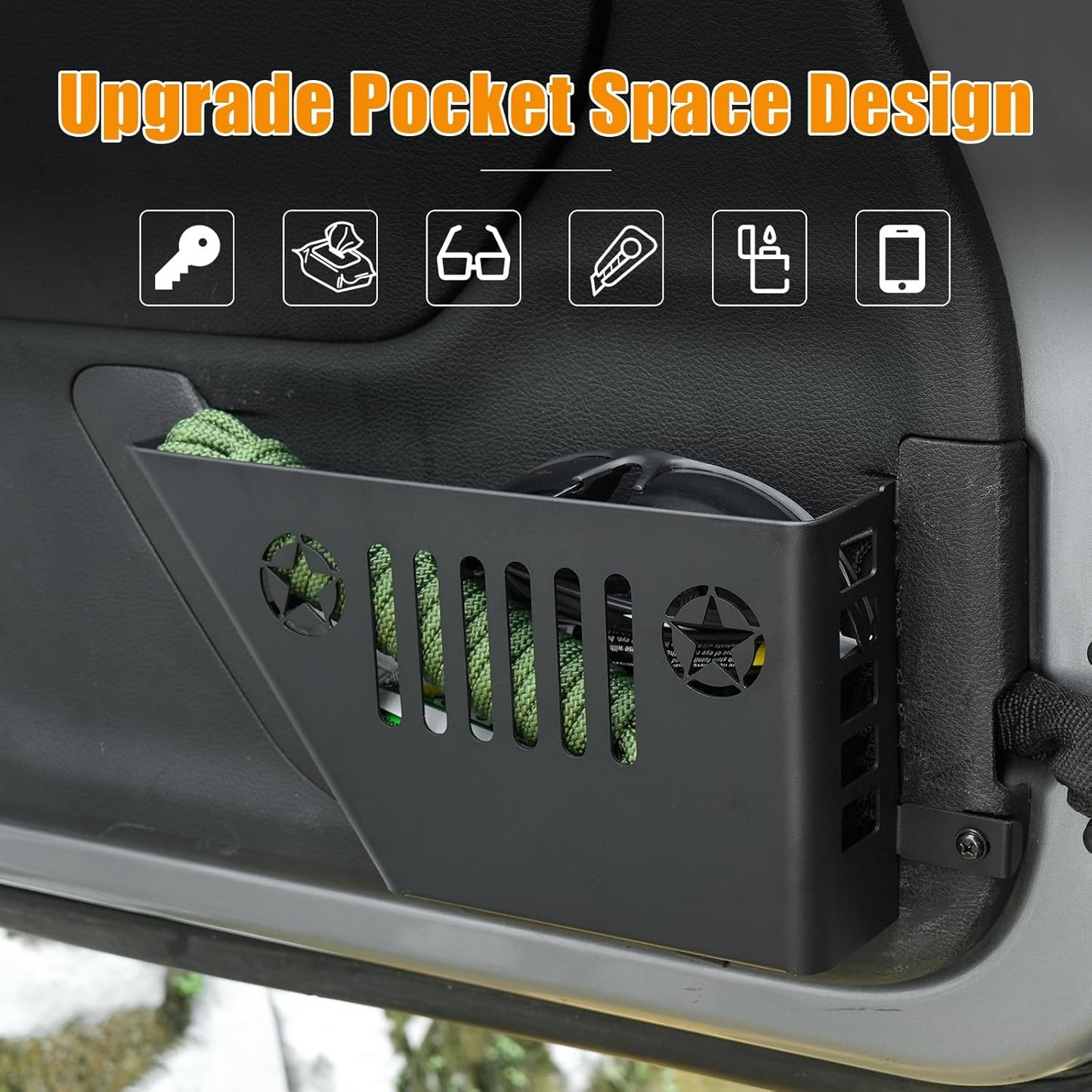 Metal Front Pocket Storage with Cup Holder Compatible with 2007-2018 Jeep Wrangler JK/JKU, Door Organizer Panel, Matte Black Finish, 2pc