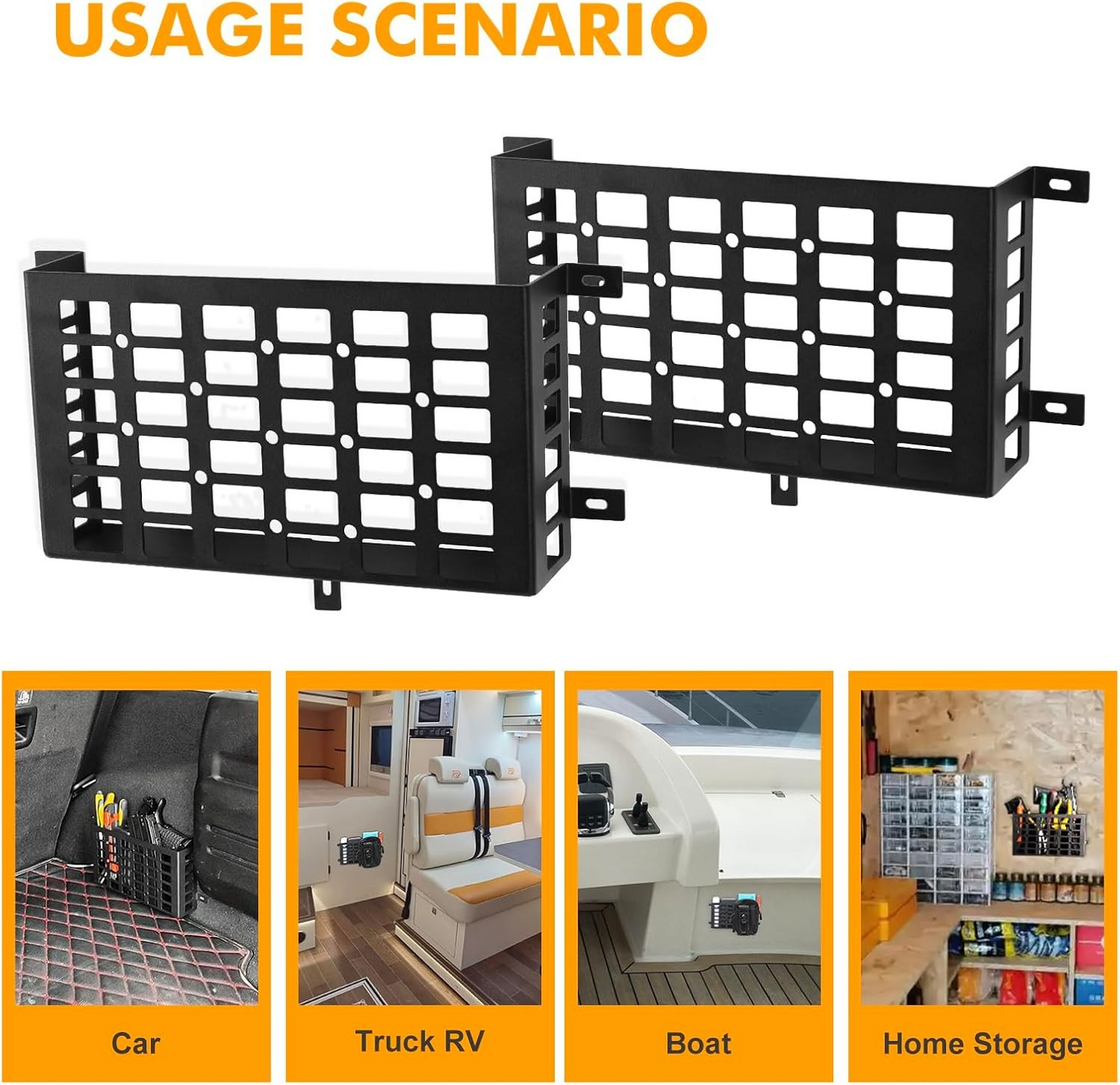 2 Pieces Universal Metal Car Storage Box, Small Cargo Pocket Molle Panel Frame Storage System, Storage Tray Basket for Car Truck RV Boat Home Storage, Black