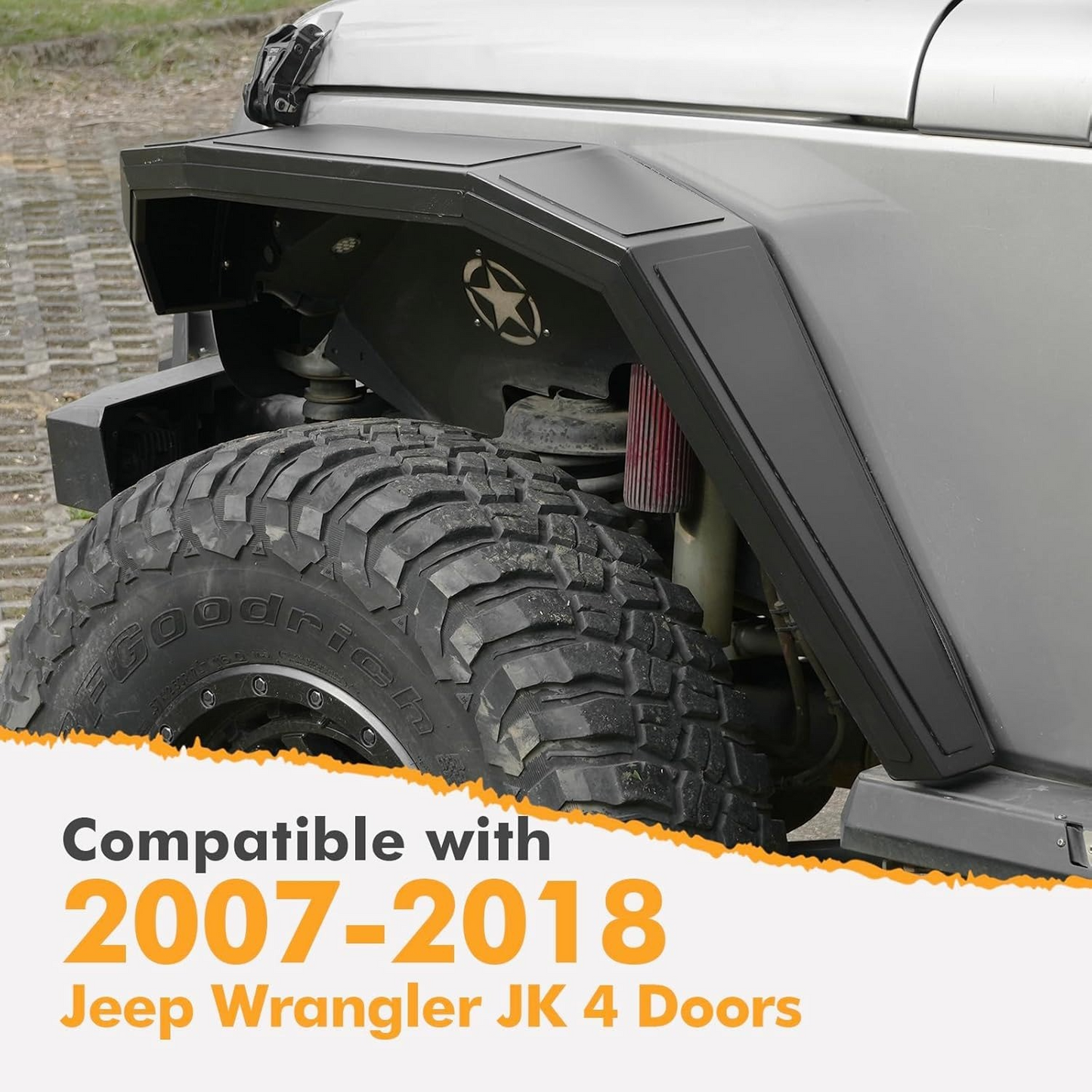 MAIKER Cobra Style Fender Flares Compatible with 2007-2018 Jeep Wrangler JK 2/4 Doors, Off-Road Mud Guards Wheel Flares Liner Set (4PCS Front & Rear Aluminum Fenders)