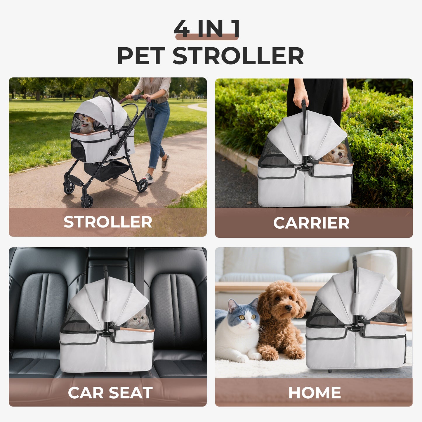 4-Wheel Foldable Pet Stroller for Dogs & Cats 360° Rotating Wheels, Separable Carrier & Travel Bag for Small Animals