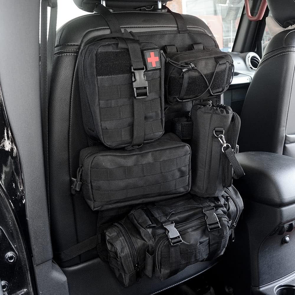 LED Auto Seat Back Organizer Bag,Car Back Seat Organizer Kick Mat with 5 Storage Packets-3 Toolkits &1 Medical Kit&1 Water Cup Bag Compatible with All Vehicel