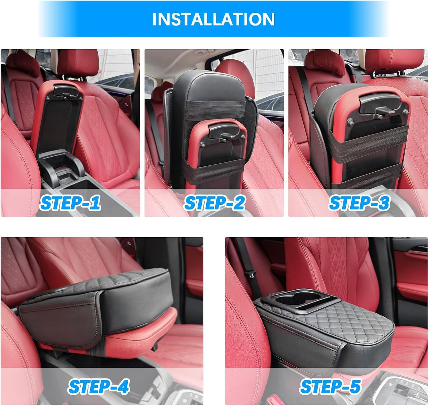 MAIKER Auto Center Console Armrest Pillow, PU Leather Car Armrest Cushion with Cup Holder, Phone Holder and 2 Side Storage Bag, Universal Car Armrest Box Cover Protector for Most Vehicles