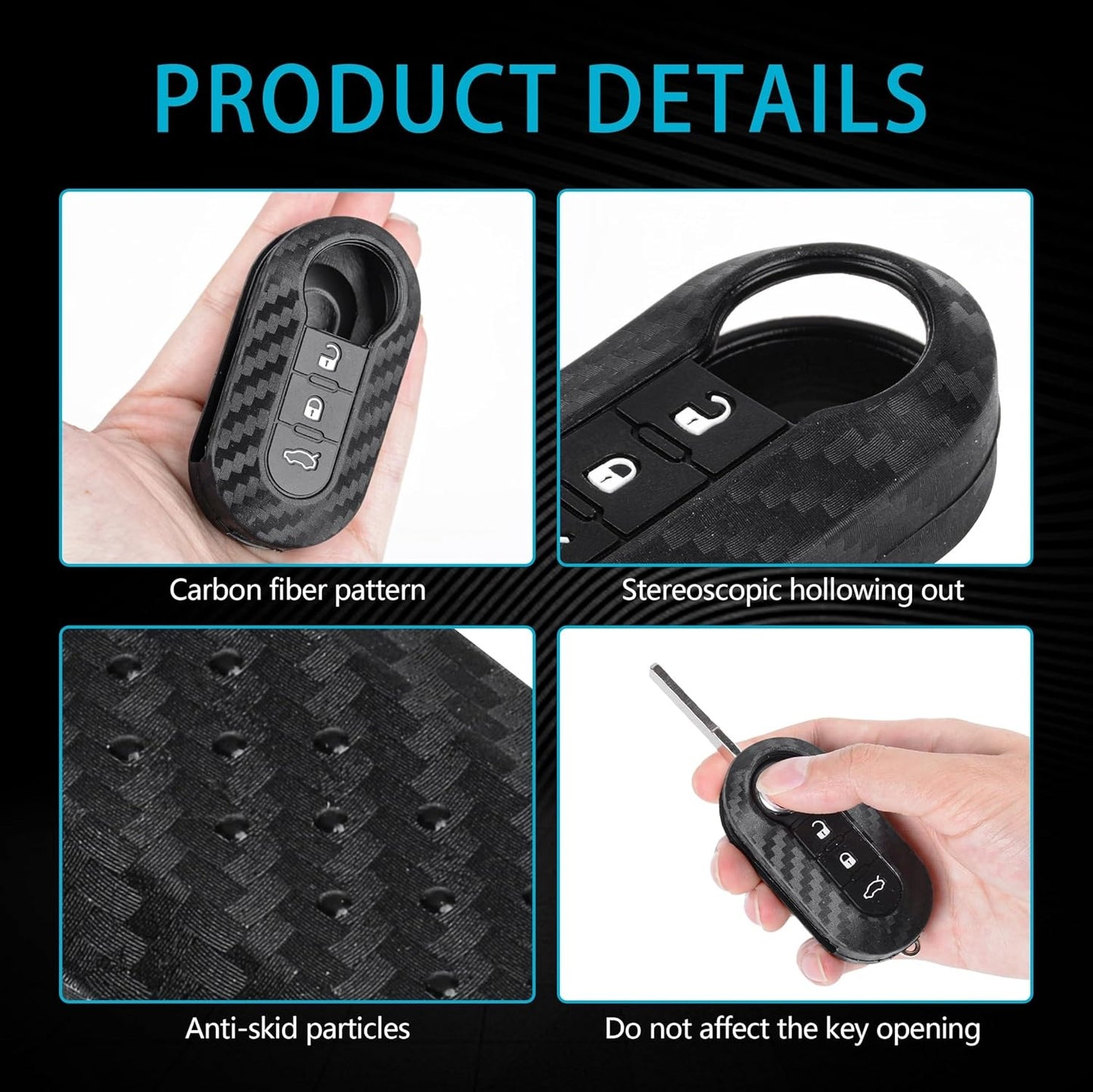 Carbon Fibre Key Case Suitable for Fiat 500 Punto Panda 3 Buttons Black Key Case Key Fob Cover, d'Alene to