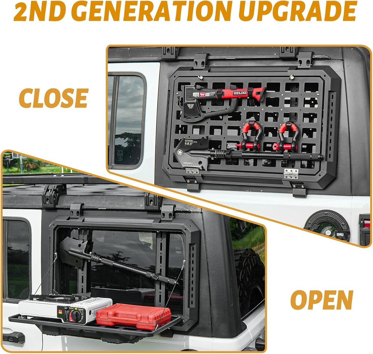 Multifunctional Rear Window Storage Table Molle Panel Kit for 2018-2024 Jeep Wrangler JL & JLU 4 doors Openable Design Tactical Molle Platform for Tools (2025 latest upgraded model）