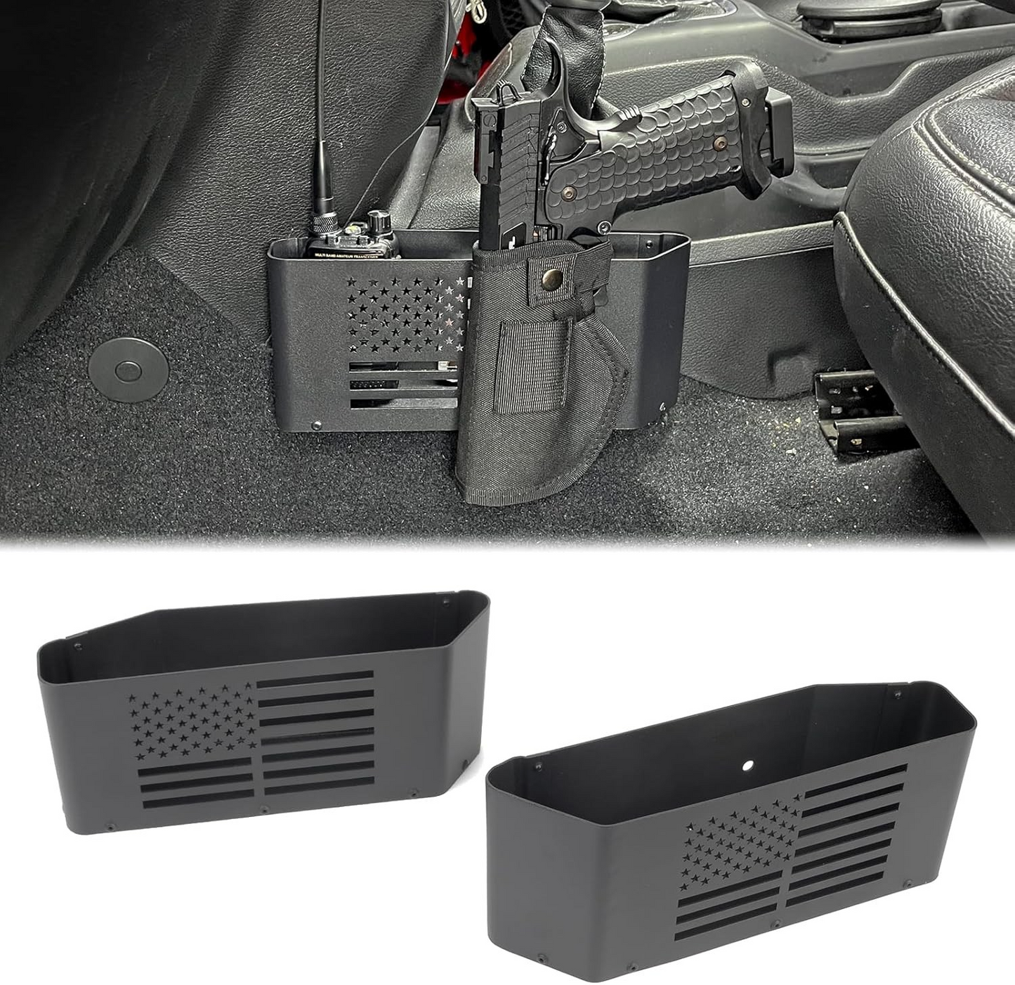 MAIKER Metal Gear Shift Storage Box, Center Console Hanging Box, Upgrade Gear Tray Compatible with 2018-2023 Jeep Wrangler JL JLU & Gladiator JT& 4XE, 2pcs, Black, US Flag Logo