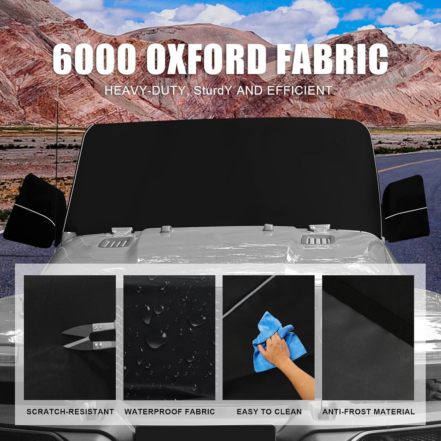 Guina Windshield & Front Side Window Cover Compatible wirh Jeep Wrangle JL JT 18-24, 600D Oxford Cloth Windshield Cover with Mirror Cover for Sun, Rain, Sand, Dust, Leaves, Branches Protection
