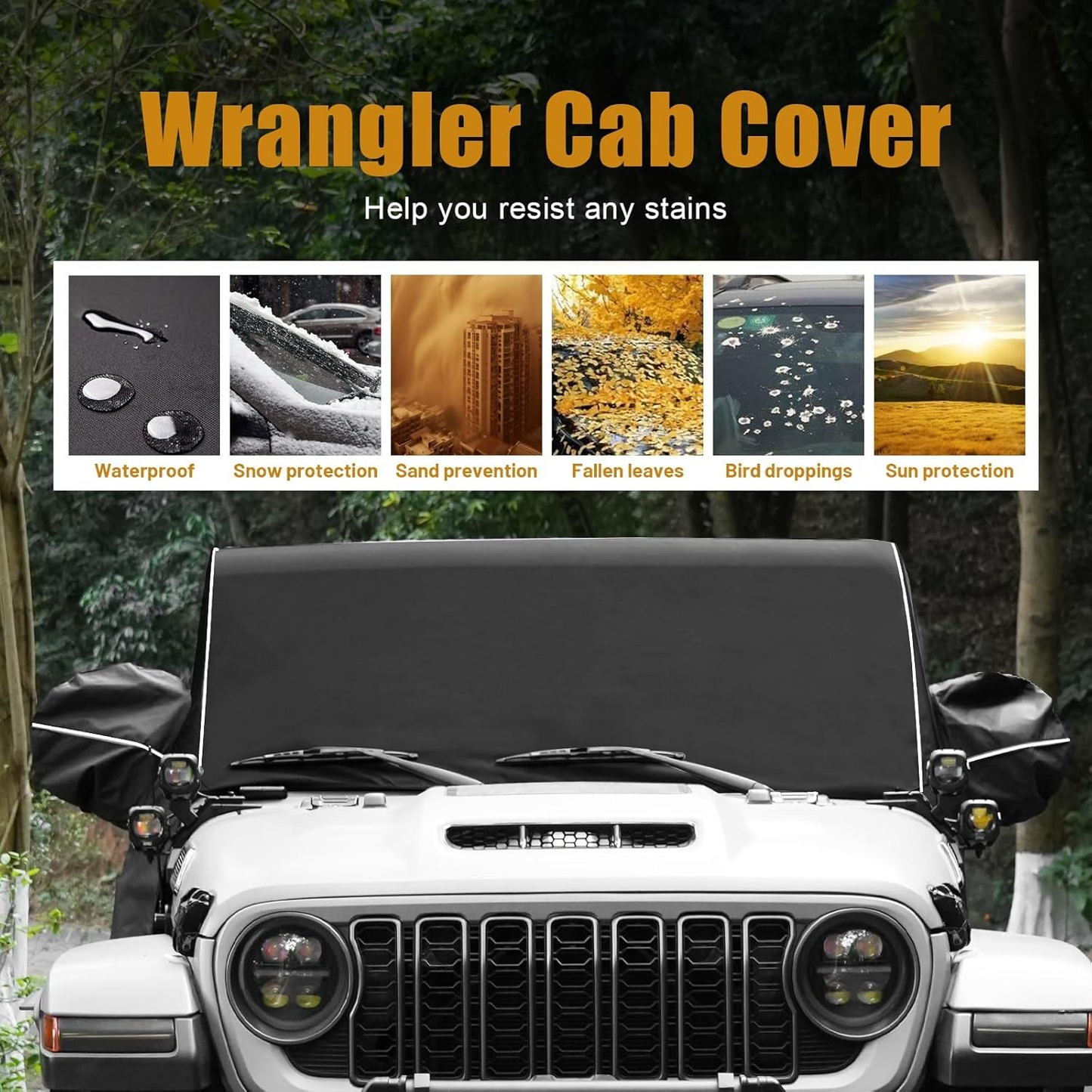 Cab Cover 600D Oxford Windproof Sunshade Cover for 2007-2024 Jeep Wrangler JK JL 4 Door, 6-Layer Protection Frost Wiper & Mirror Covers Protect from Sunshine, UV, Snow, Rain, Wind Black