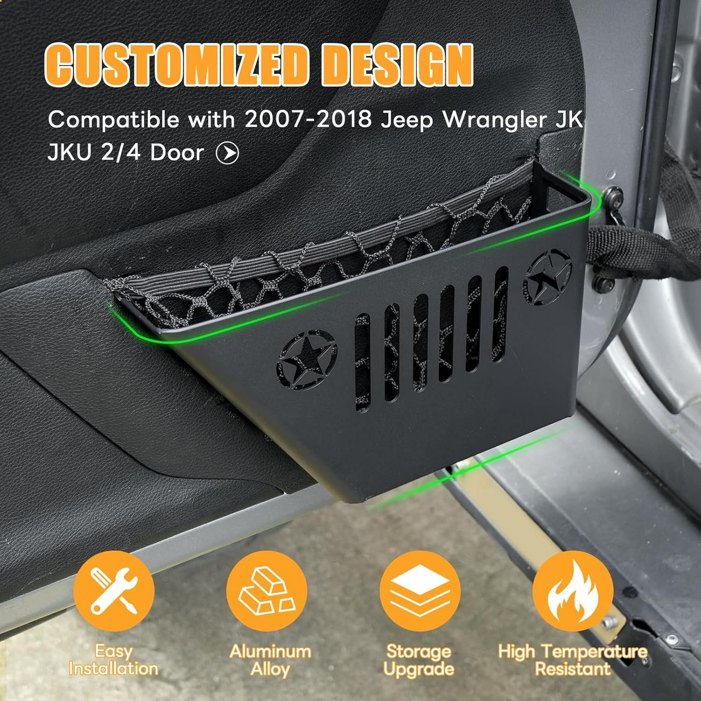 Metal Front Pocket Storage with Cup Holder Compatible with 2007-2018 Jeep Wrangler JK/JKU, Door Organizer Panel, Matte Black Finish, 2pc