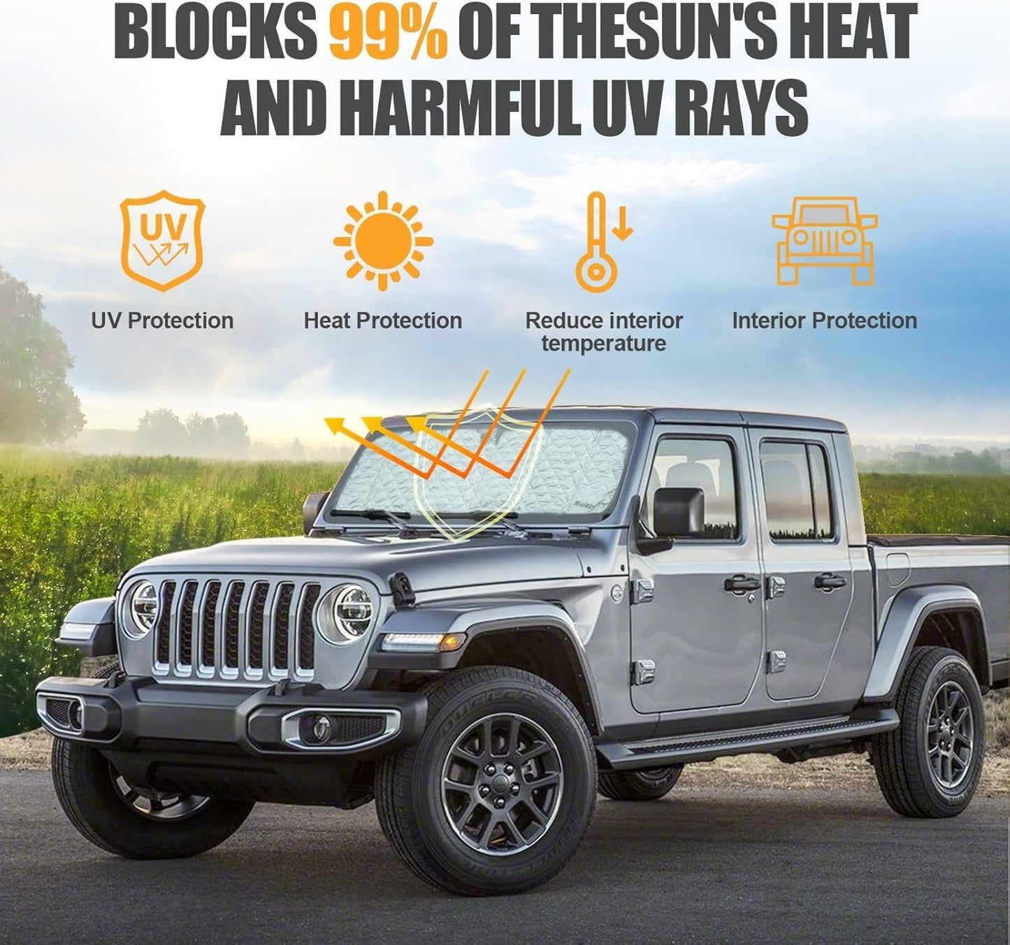 6-Layer Windshield Sun Shade Compatible with 2007-2018 Jeep Wrangler JK 2018-2025 Jeep Wrangler JL JLU & 2020-2025 Gladiator JT, Heat Shield Sun Visor for UV Ray, Foldable Windshield Cover Sun Shade with Storage Bag