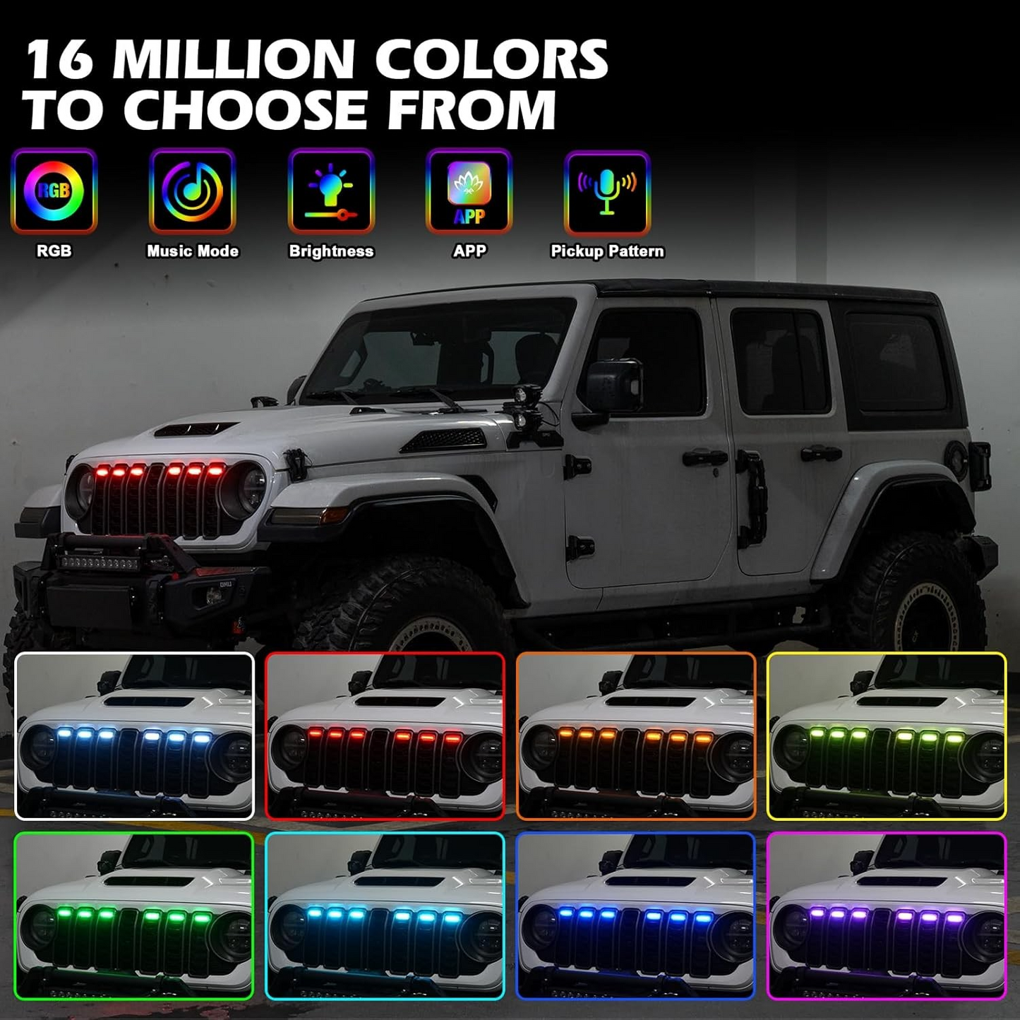 MAIKER RGB LED Grille Lights Compatible with 2024-2025 Jeep Wrangler JL JLU JT Original Factory Grille, 6PCS RGB Adjustable Atmosphere Exterior Grill Lights Remote APP Control