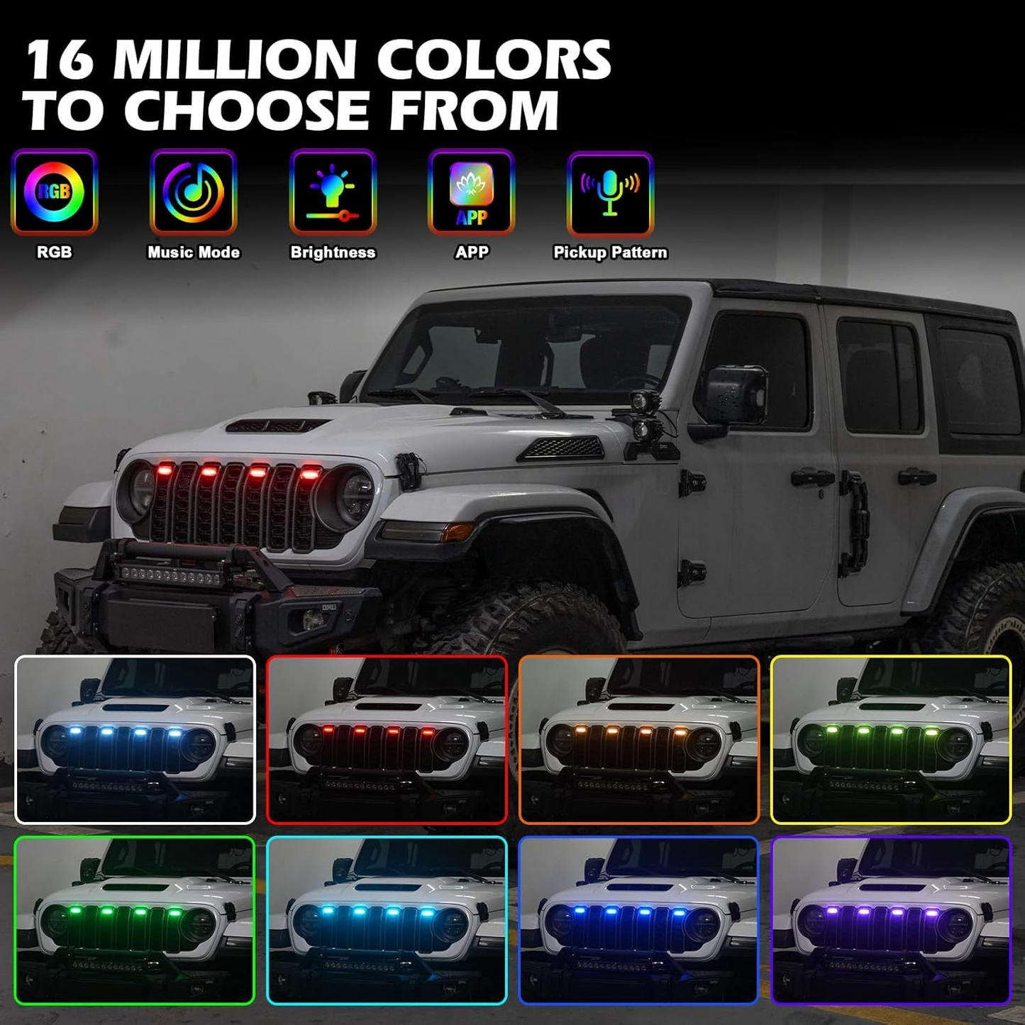 MAIKER RGB LED Grille Lights Compatible with 2024-2025 Jeep Wrangler JL JLU JT Original Factory Grille, 4PCS RGB Adjustable Atmosphere Exterior Grill Lights Remote APP Control