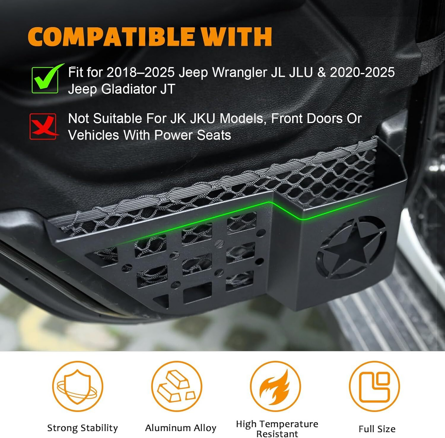 FUNY Rear door storage box Compatible with 2018-2025 Jeep Wrangler JL JLU & Gladiator JT, Door Side Insert Organizer Box Metal Door Net Pocket ReplacementDoor Organizer Panel, 2PCs