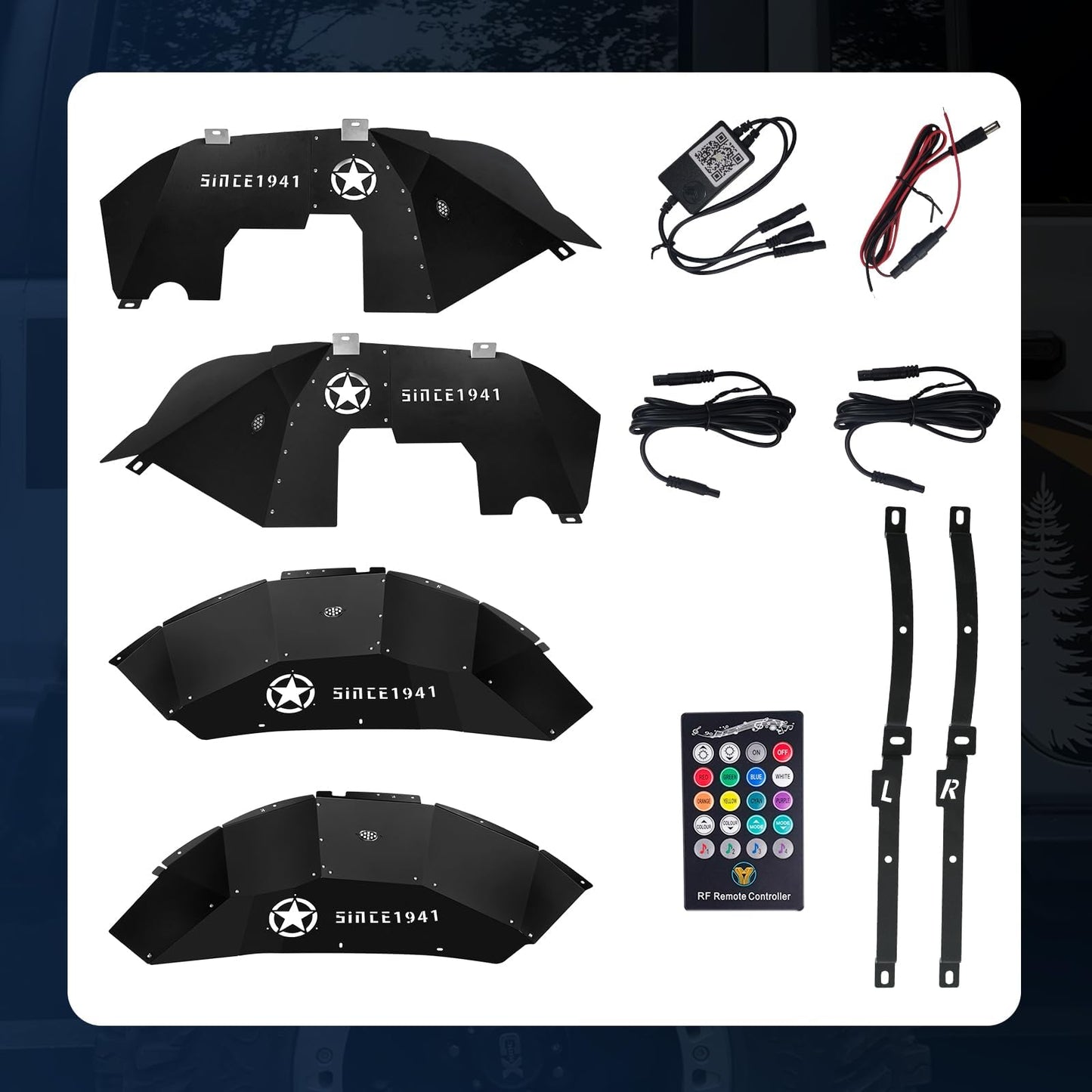 4PC Front & Rear Inner Fender Liners Wheel Cover ith Light & Star Logo (18-24 Jeep Wrangler JL JLU)