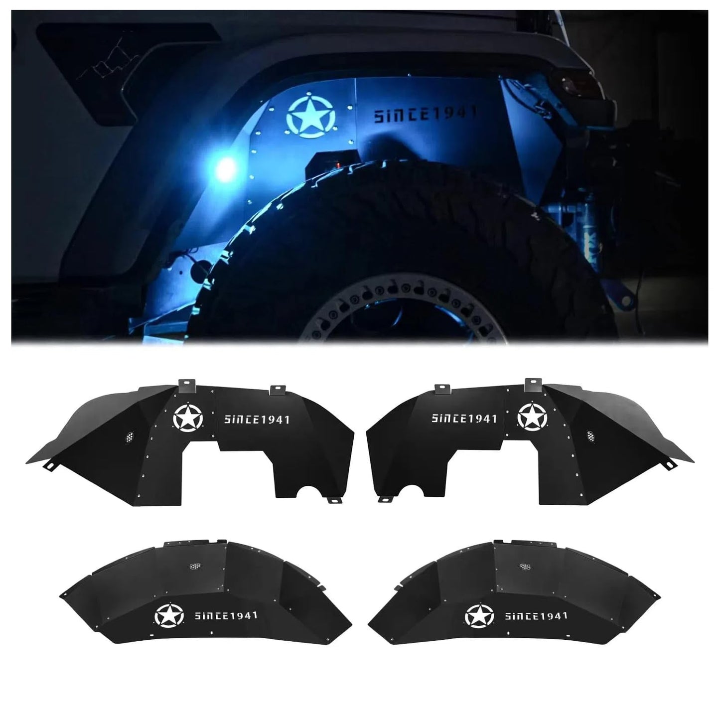 4PC Front & Rear Inner Fender Liners Wheel Cover ith Light & Star Logo (18-24 Jeep Wrangler JL JLU)