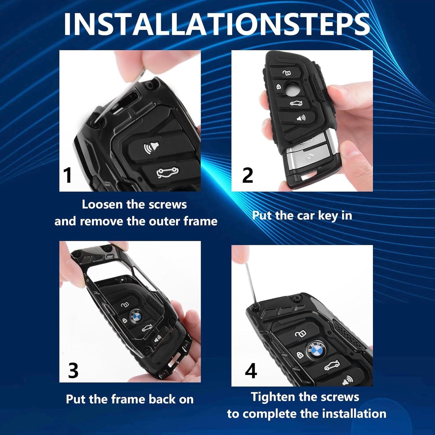 Metal Keychain Case Fit for BMW F20 G20 G30 X1 X3 X4 X5 G05 X64 Zinc Alloy and Silicone Remote Key Protector with Key Fob 4 Keys Vacuum Black (Style A)