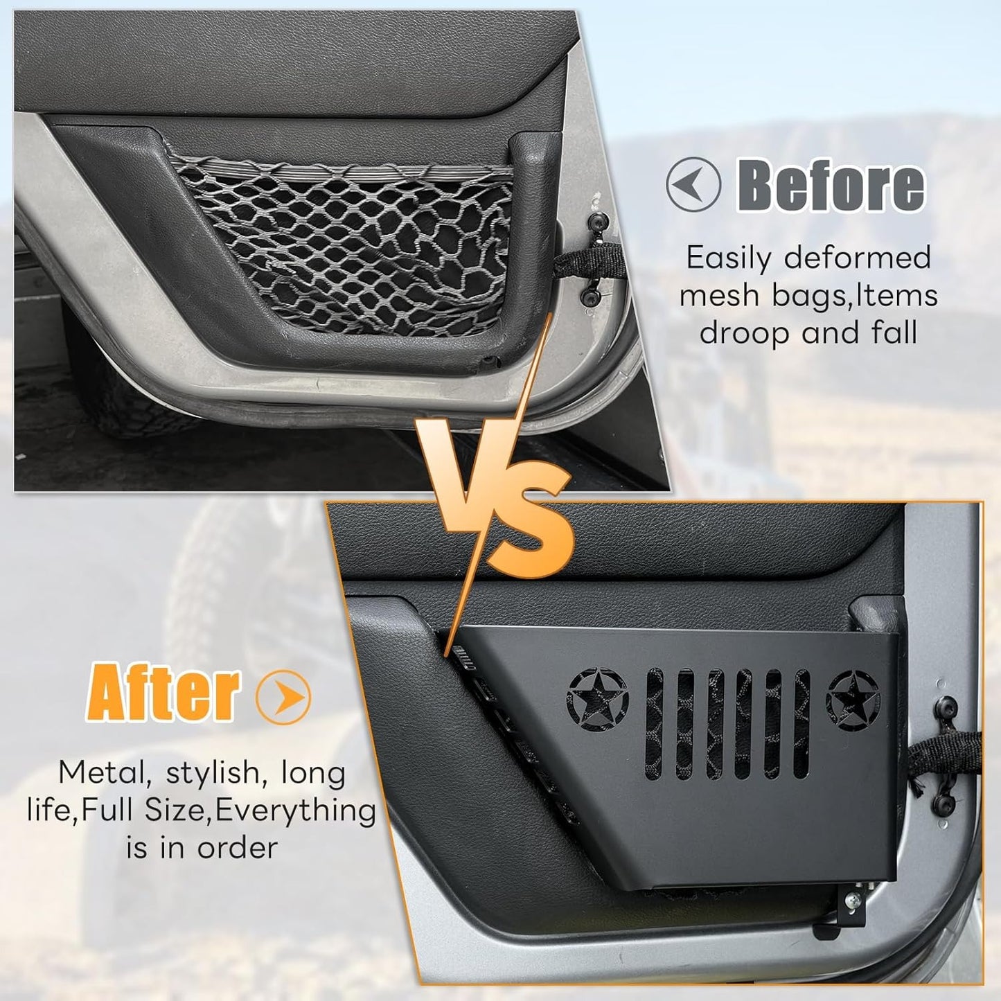 Rear door storage box Compatible with 2007-2018 Jeep Wrangler JK, Door Side Insert Organizer Box Metal Door Net Pocket Replacement Door Organizer Panel, 2pc