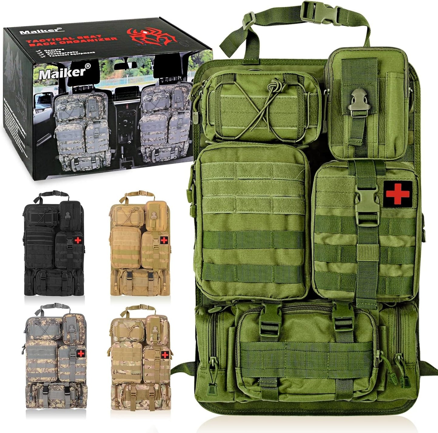 MAIKER Tactical Car Seat Back Organizer, Upgrade Tactical Vehicle Panel Organizer with 5 Detachable Molle Pouch, Universal fits for Most of Vehicle(Army green)