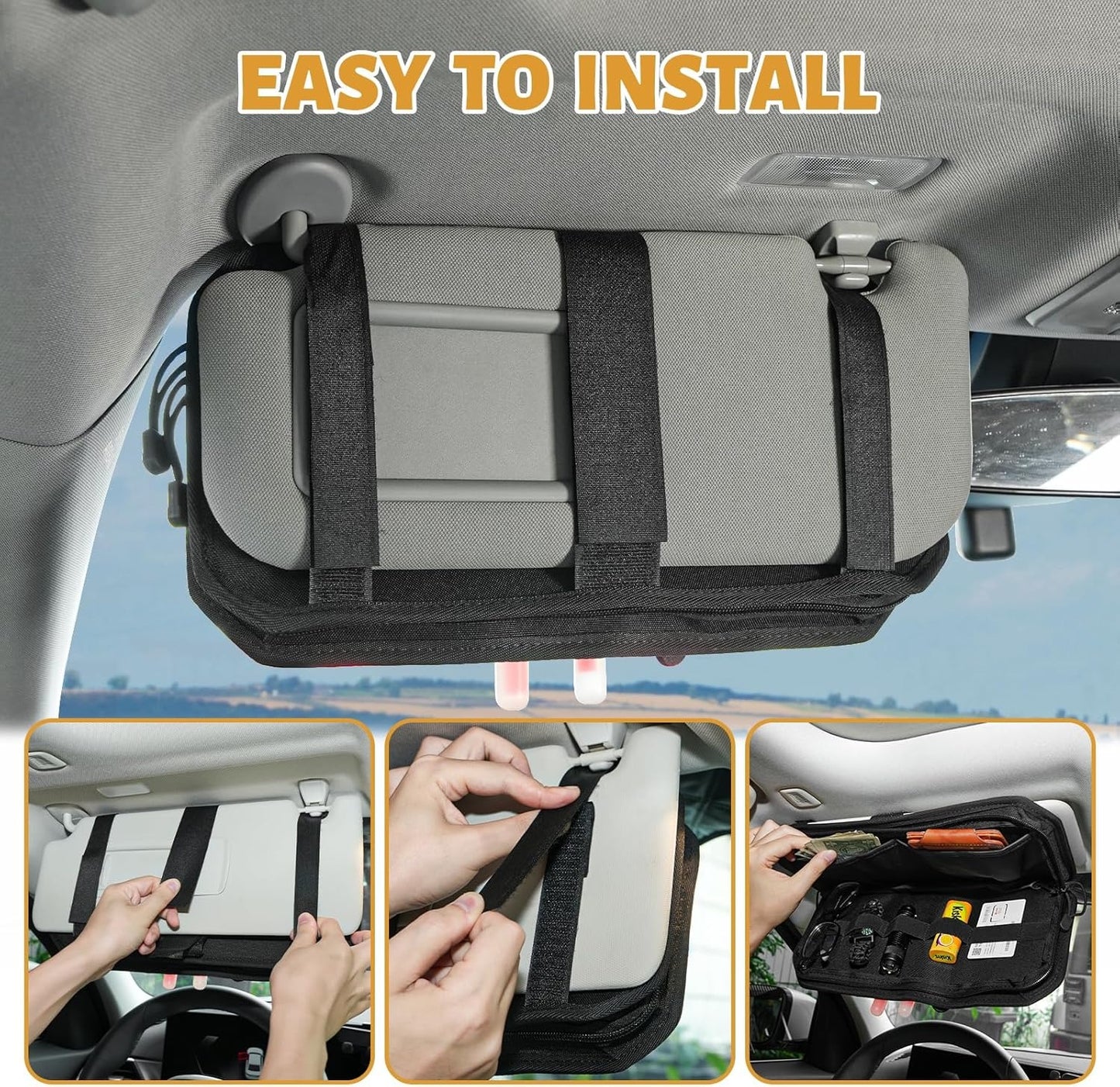 2 Packs Car Sun Visor Organizer, Car Organizer with Zipper Visor Organizer Storage Pouch, Glasses Clip, Card Holder, Molle Panel for Tactical Gears, for Most Vehicles, SUVs & Trucks