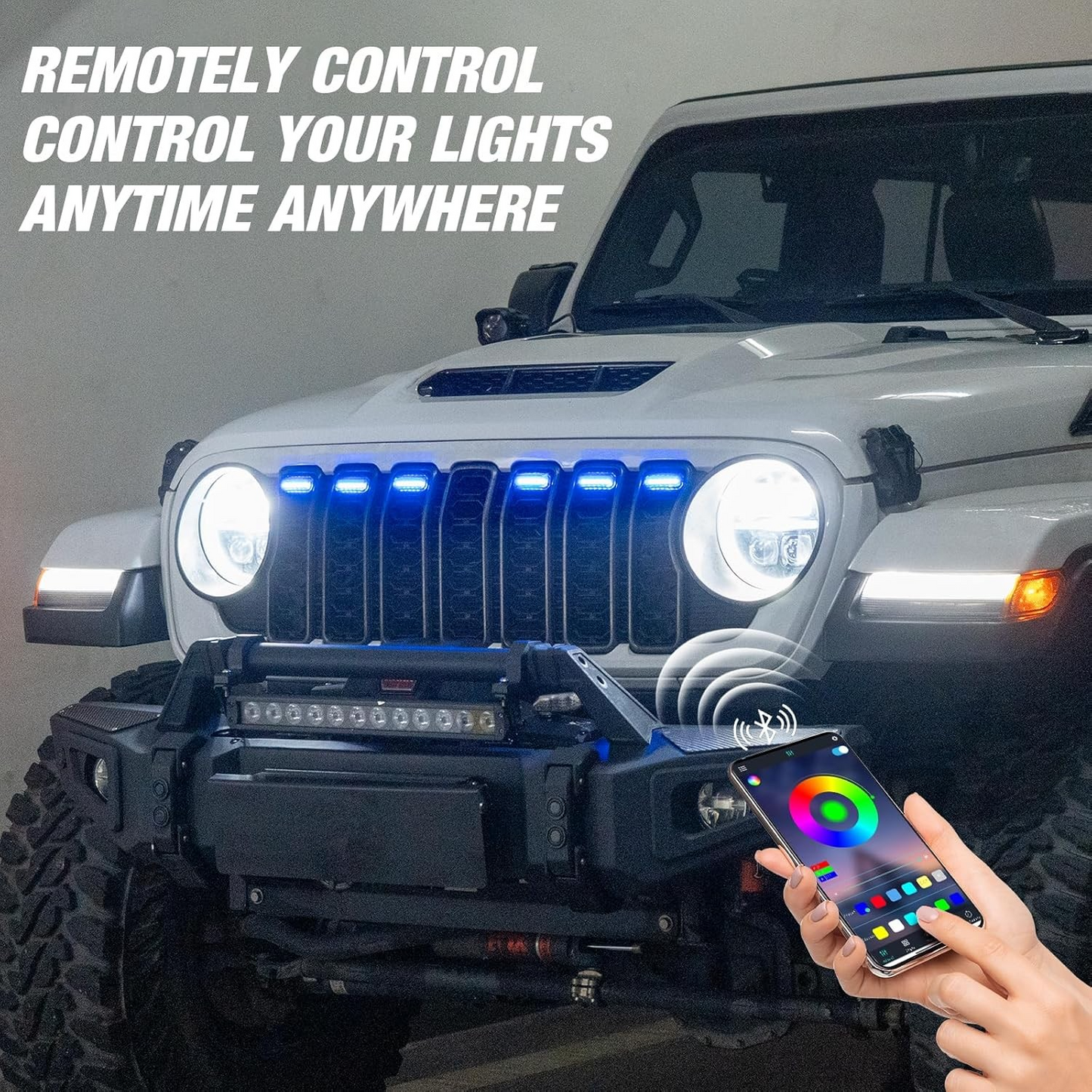 MAIKER RGB LED Grille Lights Compatible with 2024-2025 Jeep Wrangler JL JLU JT Original Factory Grille, 6PCS RGB Adjustable Atmosphere Exterior Grill Lights Remote APP Control
