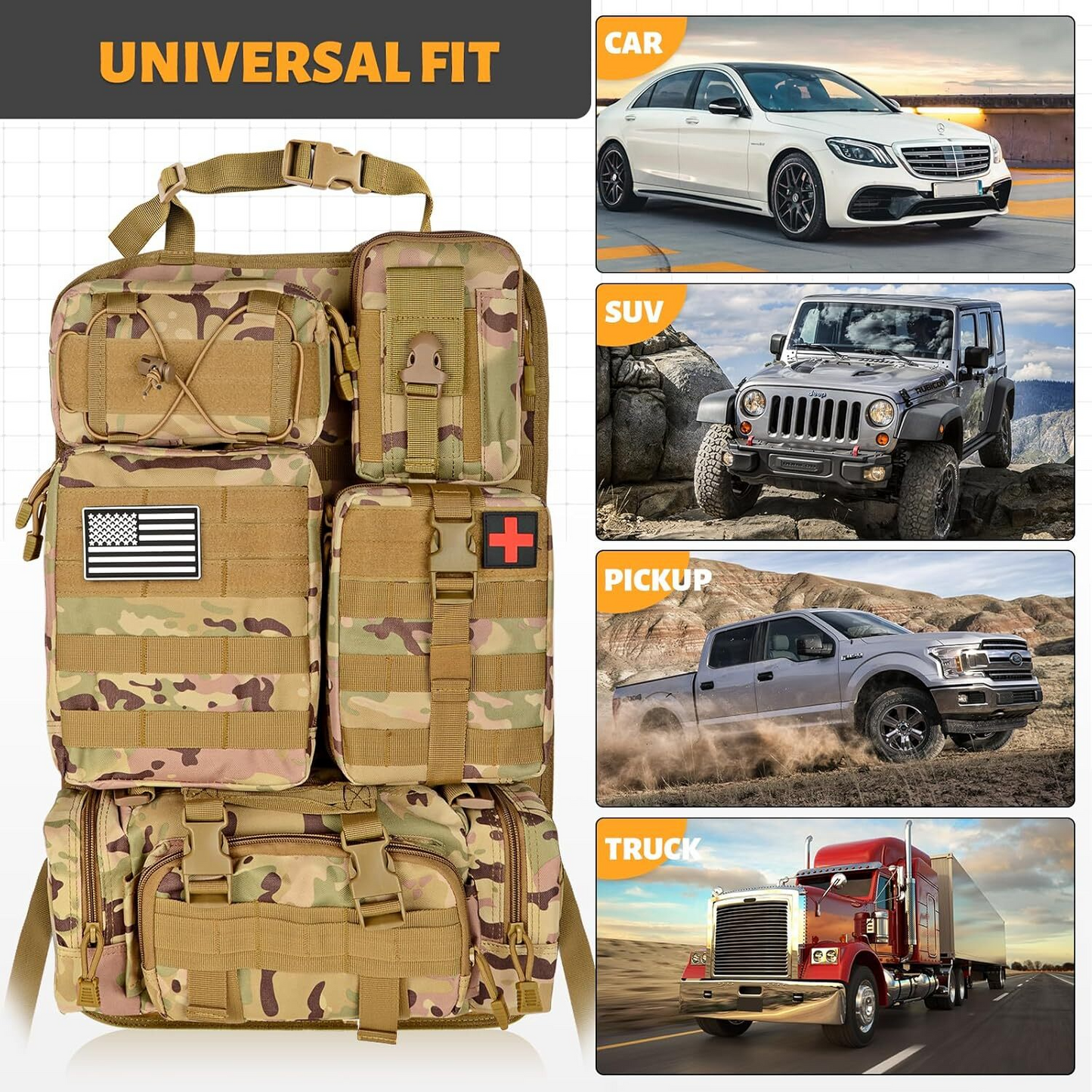 MAIKER Tactical Car Seat Back Organizer Upgrade Vehicle Panel Organizer with 5 Detachable Molle Pouch, Universal fits for Most of Vehicle