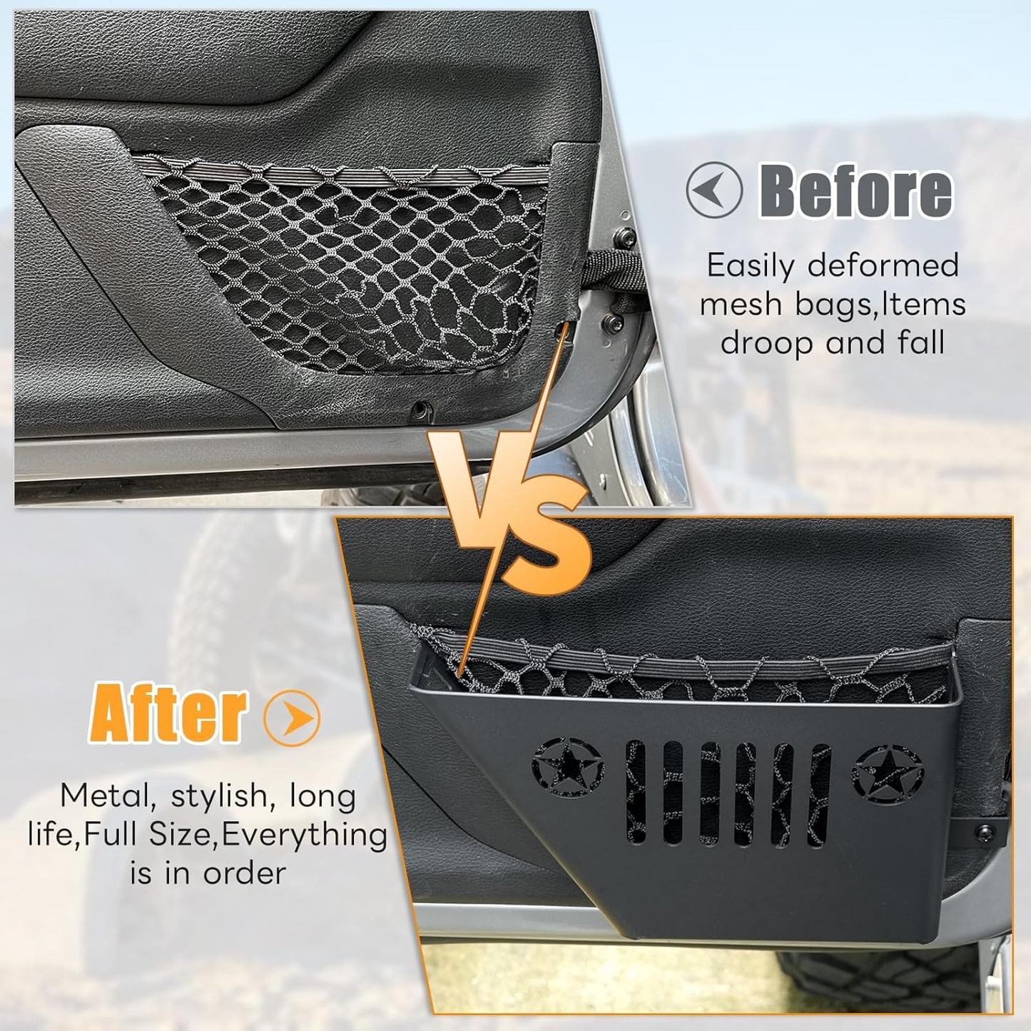 Metal Front Pocket Storage with Cup Holder Compatible with 2007-2018 Jeep Wrangler JK/JKU, Door Organizer Panel, Matte Black Finish, 2pc