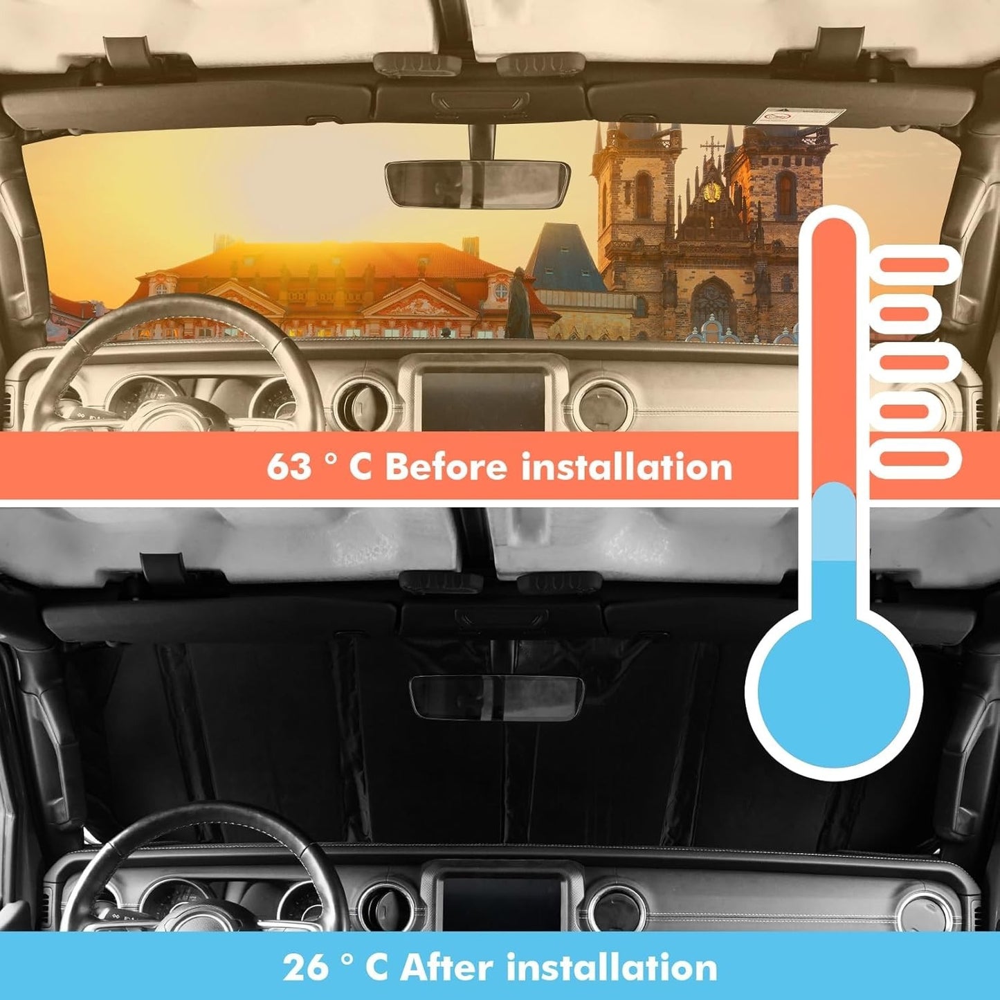 6-Layer Windshield Sun Shade Compatible with 2007-2018 Jeep Wrangler JK 2018-2025 Jeep Wrangler JL JLU & 2020-2025 Gladiator JT, Heat Shield Sun Visor for UV Ray, Foldable Windshield Cover Sun Shade with Storage Bag