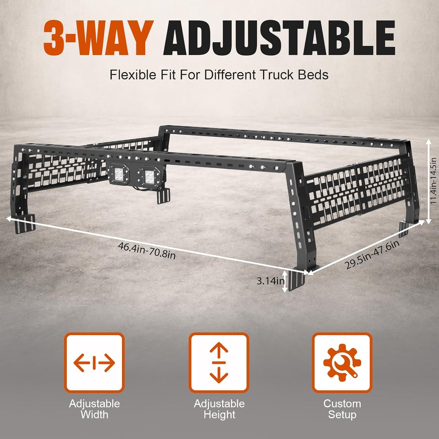 Universal Adjustable Truck Bed Rack, 3-Way Adjustable Width Length & Height, Ladder Rack with LED Lights & MOLLE Panels, 1100LBS Capacity for Gladiator JT Tacoma Frontier GMC Canyon Colorado Ranger