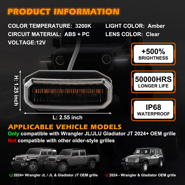 5PCS Amber LED Grille Lights (24-25 Jeep Wrangler JL JLU & Gladiator JT)