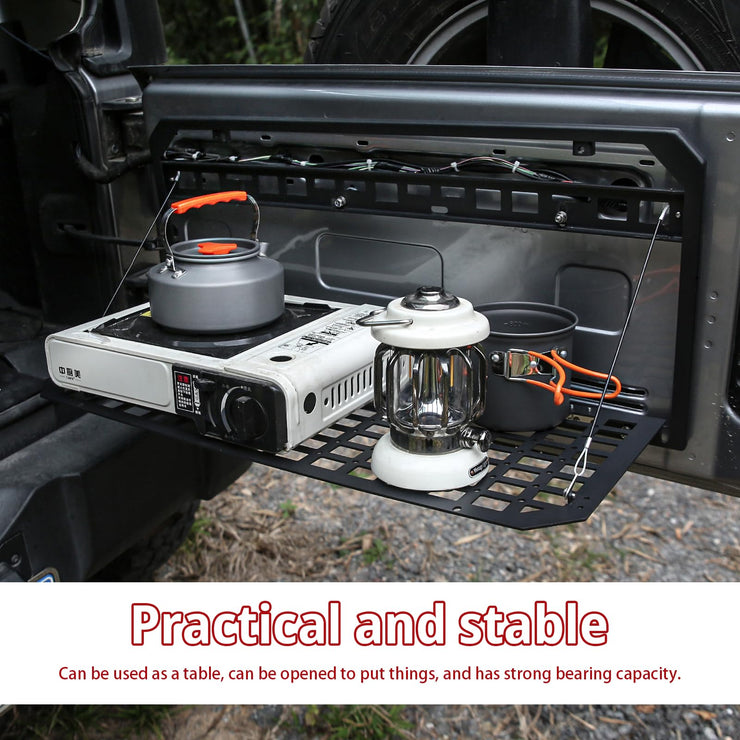 Tailgate Table Molle Panel Foldable Cargo Shelf Aluminum Alloy Storage Shelf (07-24 Jeep Wrangler JK JKU JL JLU, Not Fit JK Models with Stock Subwoofer)