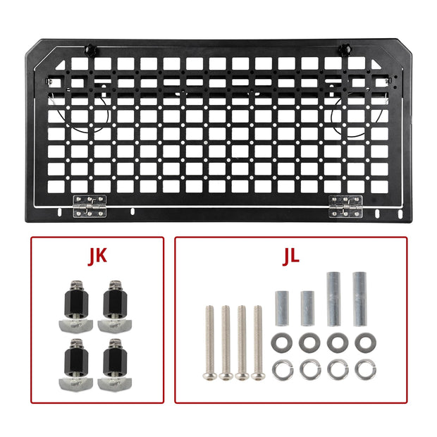 Tailgate Table Molle Panel Foldable Cargo Shelf Aluminum Alloy Storage Shelf (07-24 Jeep Wrangler JK JKU JL JLU, Not Fit JK Models with Stock Subwoofer)