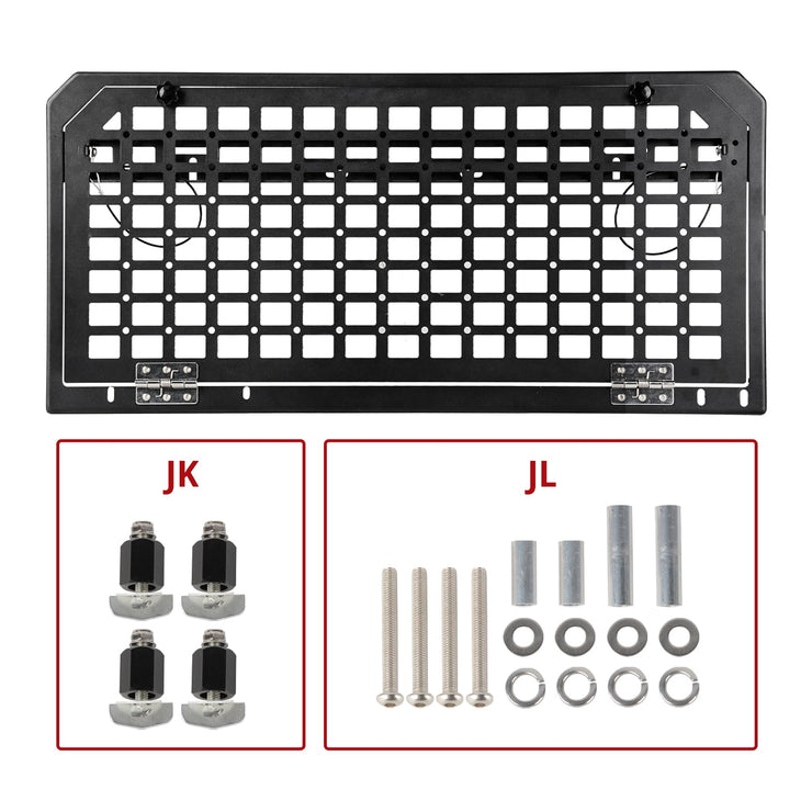 Tailgate Table Molle Panel Foldable Cargo Shelf Aluminum Alloy Storage Shelf (07-24 Jeep Wrangler JK JKU JL JLU, Not Fit JK Models with Stock Subwoofer)