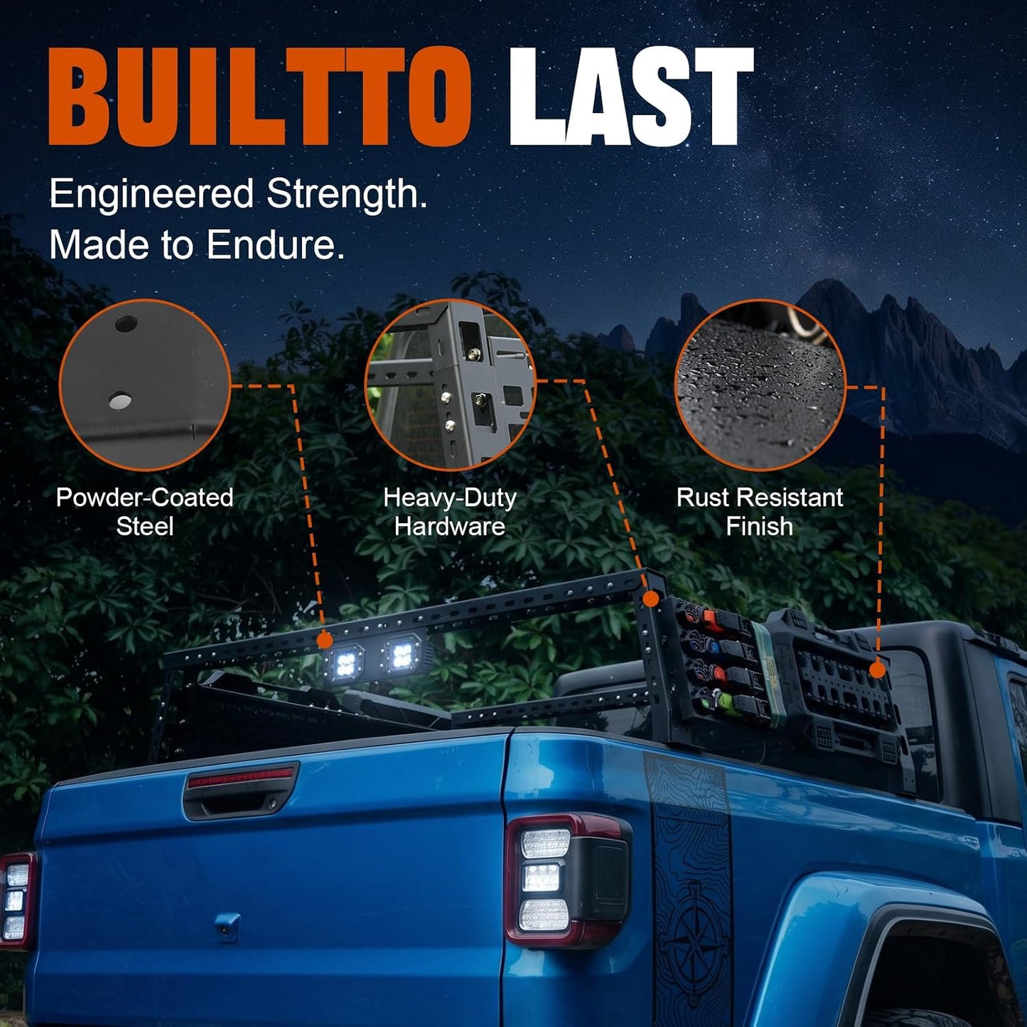 Universal Adjustable Truck Bed Rack, 3-Way Adjustable Width Length & Height, Ladder Rack with LED Lights & MOLLE Panels, 1100LBS Capacity for Gladiator JT Tacoma Frontier GMC Canyon Colorado Ranger