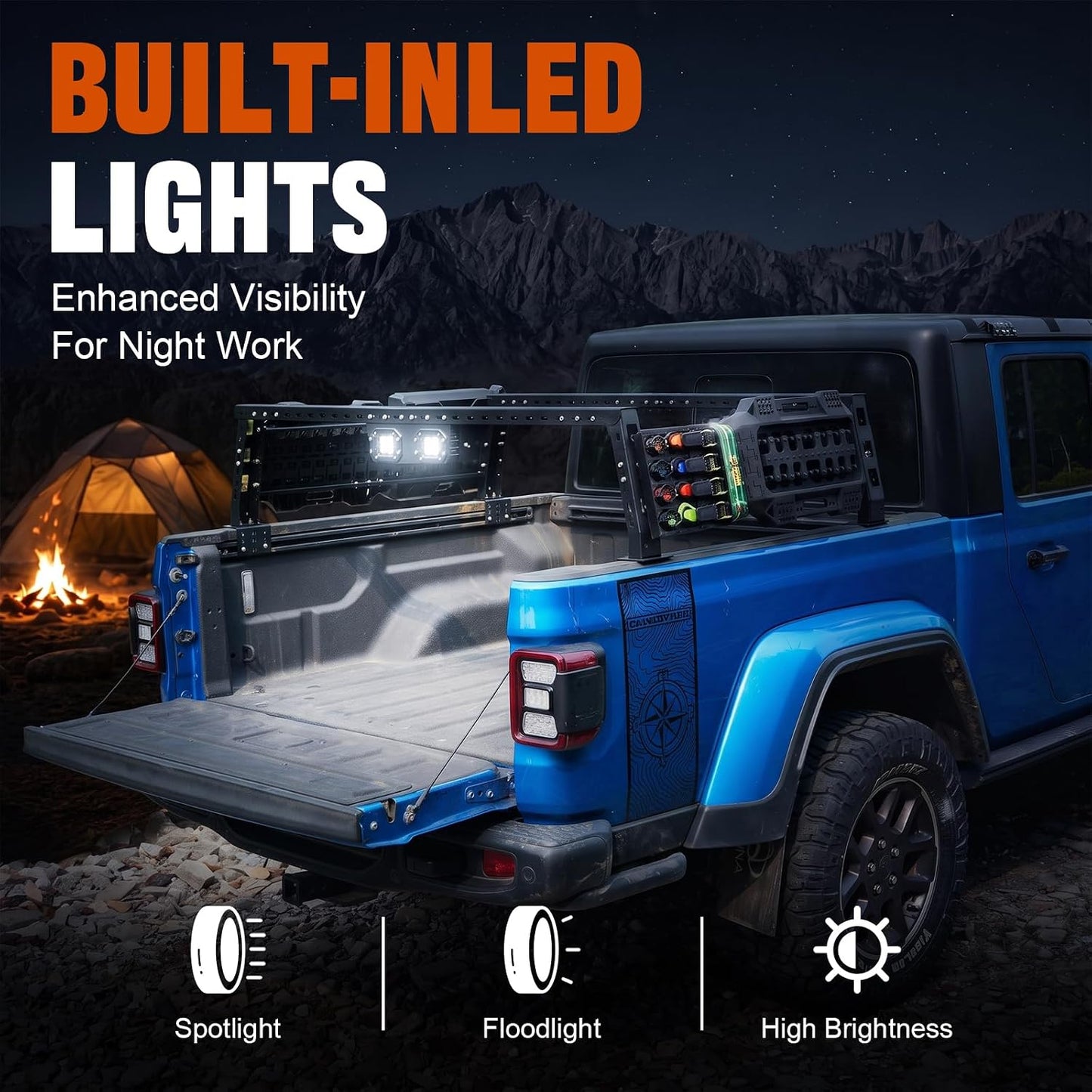 Universal Adjustable Truck Bed Rack, 3-Way Adjustable Width Length & Height, Ladder Rack with LED Lights & MOLLE Panels, 1100LBS Capacity for Gladiator JT Tacoma Frontier GMC Canyon Colorado Ranger