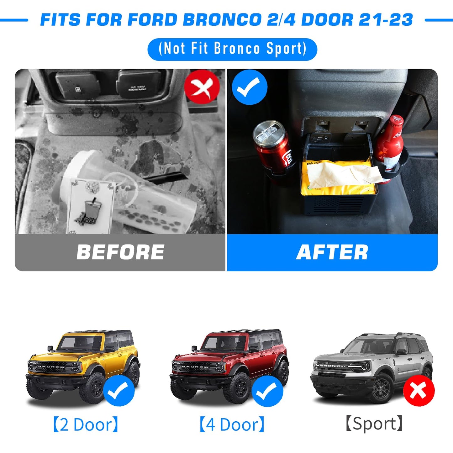 Rear Seat Cup Holder Floor Console Storage Box US Flag (21-23 Ford Bronco 2021 2022 2023 2/4 Door, Not Sport)