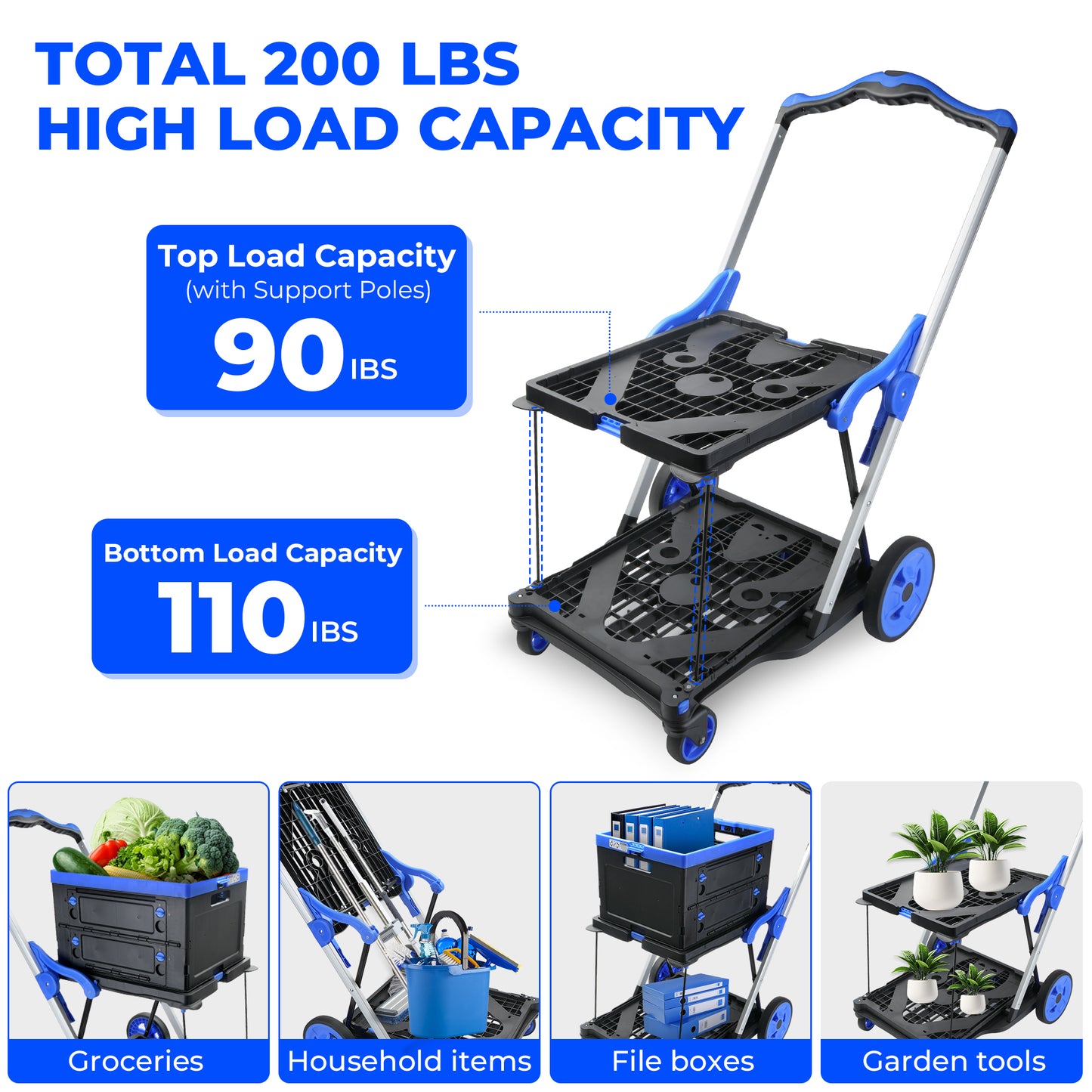 2-Tier Folding Cart Multi Use Functional Collapsible carts Shopping Trolley with Wheels Shopping Cart with Storage Crate Utility Cart for Groceries Warehouse Supermarket