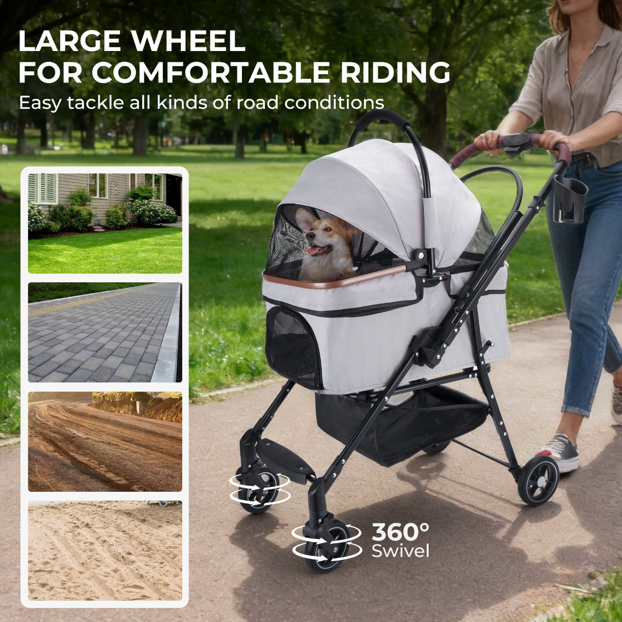 4-Wheel Foldable Pet Stroller for Dogs & Cats 360° Rotating Wheels, Separable Carrier & Travel Bag for Small Animals