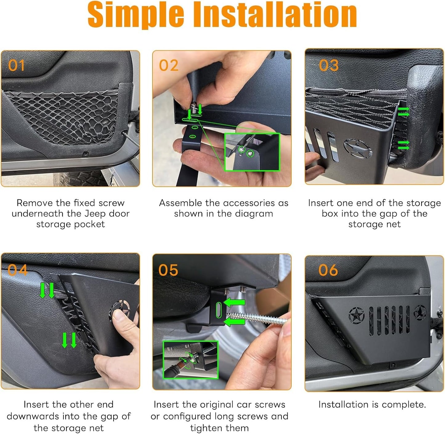 Rear door storage box Compatible with 2007-2018 Jeep Wrangler JK, Door Side Insert Organizer Box Metal Door Net Pocket Replacement Door Organizer Panel, 2pc