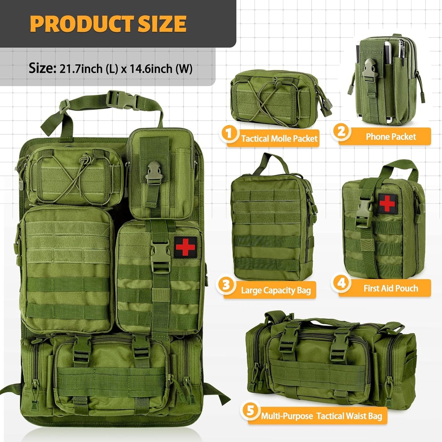 MAIKER Tactical Car Seat Back Organizer, Upgrade Tactical Vehicle Panel Organizer with 5 Detachable Molle Pouch, Universal fits for Most of Vehicle(Army green)