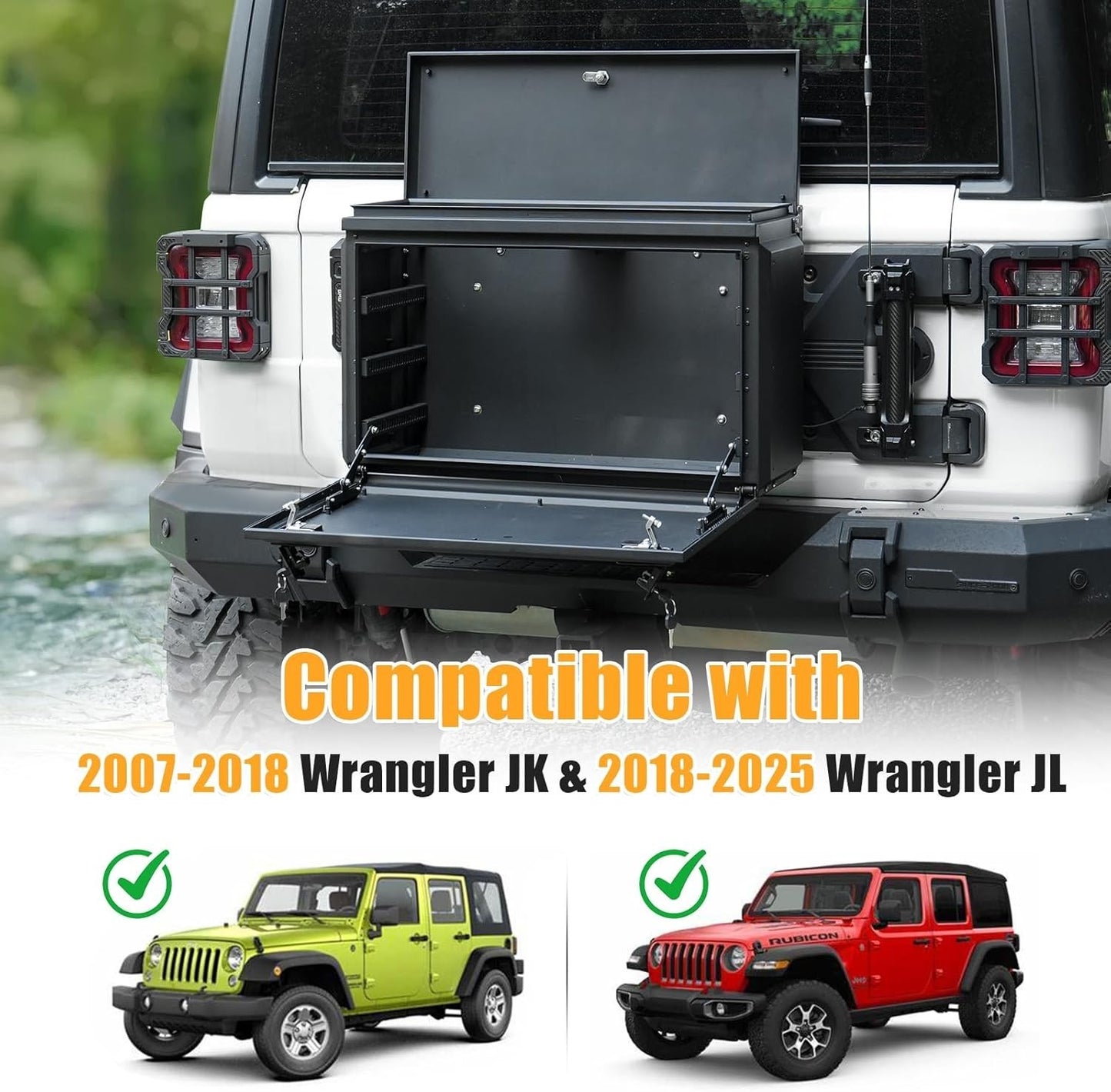 Wrangler Tailgate Table Storage Lock Box Compatible with Jeep Wrangler 2007-2017 JK & 2018-2024 JL 4 Doors, Multifunctional Cargo Rack Shelf Storage Bin Camping Desk