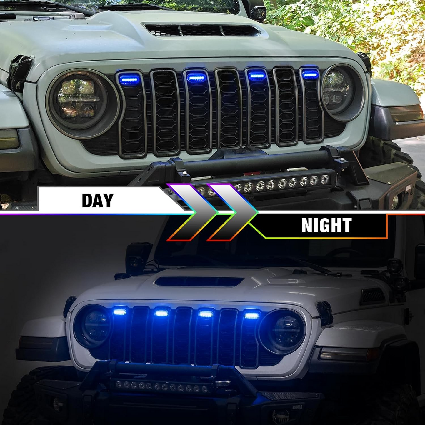 MAIKER RGB LED Grille Lights Compatible with 2024-2025 Jeep Wrangler JL JLU JT Original Factory Grille, 4PCS RGB Adjustable Atmosphere Exterior Grill Lights Remote APP Control