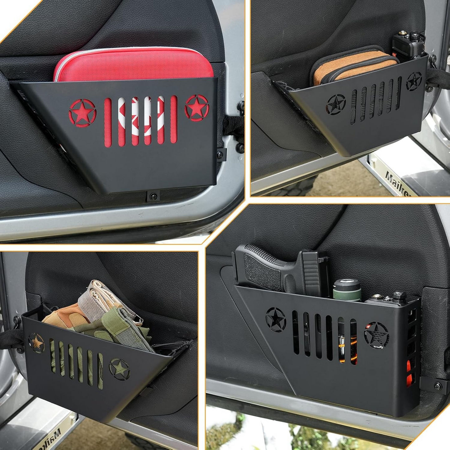 Metal Front Pocket Storage with Cup Holder Compatible with 2007-2018 Jeep Wrangler JK/JKU, Door Organizer Panel, Matte Black Finish, 2pc