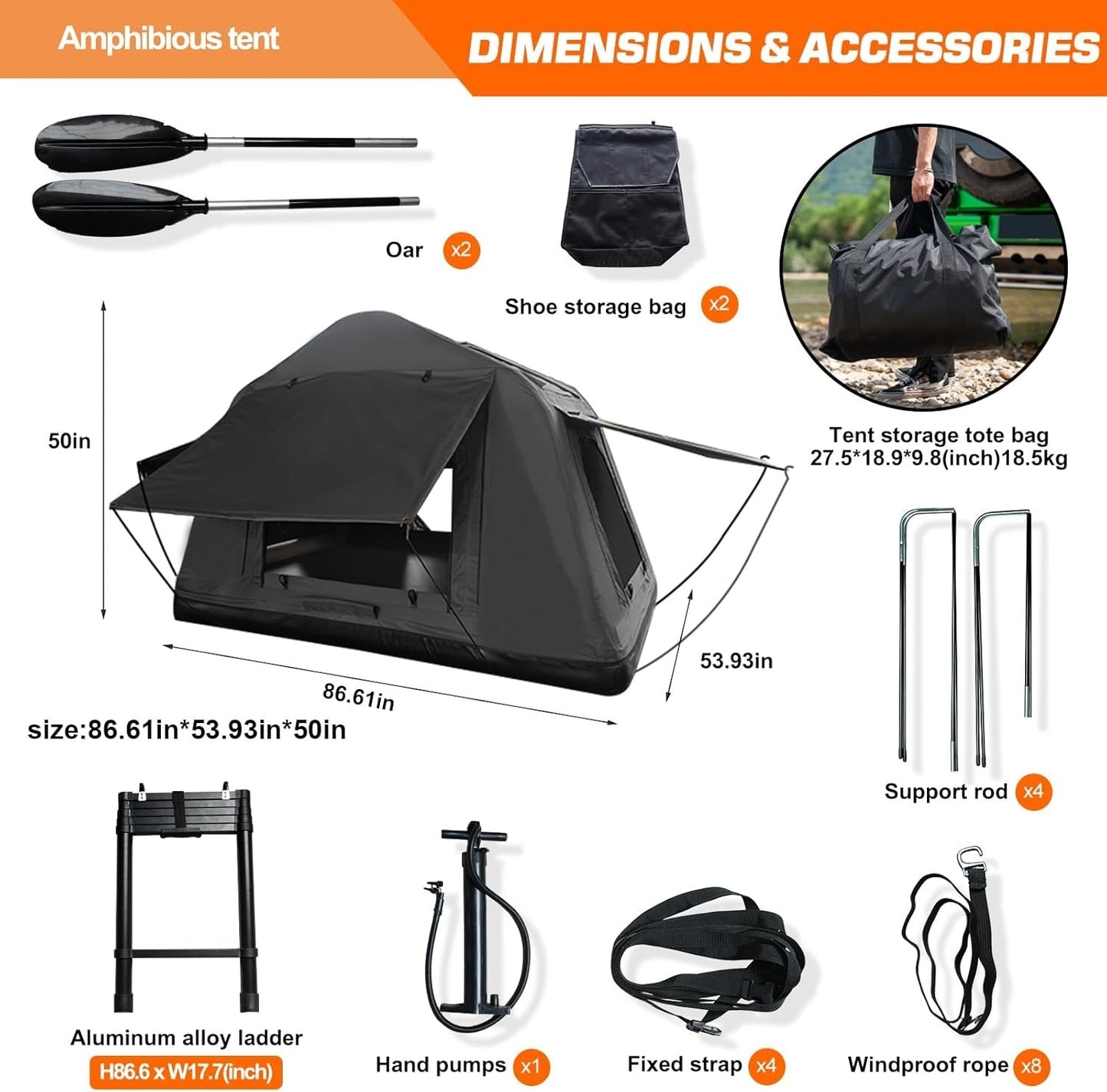 3-in-1 Roof Tent, Land & Water Camping Tent, Inflatable Waterproof Roof Tent Suitable for SUV, Truck, Jeep, Off-Road Vehicle, Thickening Windproof 2-3 People Tent with Paddle, Ladder, Hand Pumps, Rod